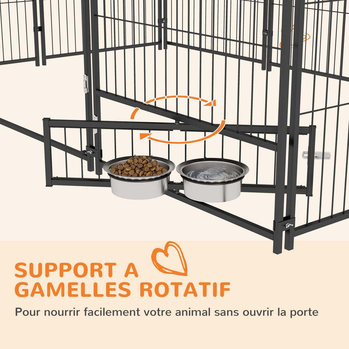 PAWHUT Chenil extérieur couvert pour chien 2 supports gamelles rotatifs porte verouillable acier noir