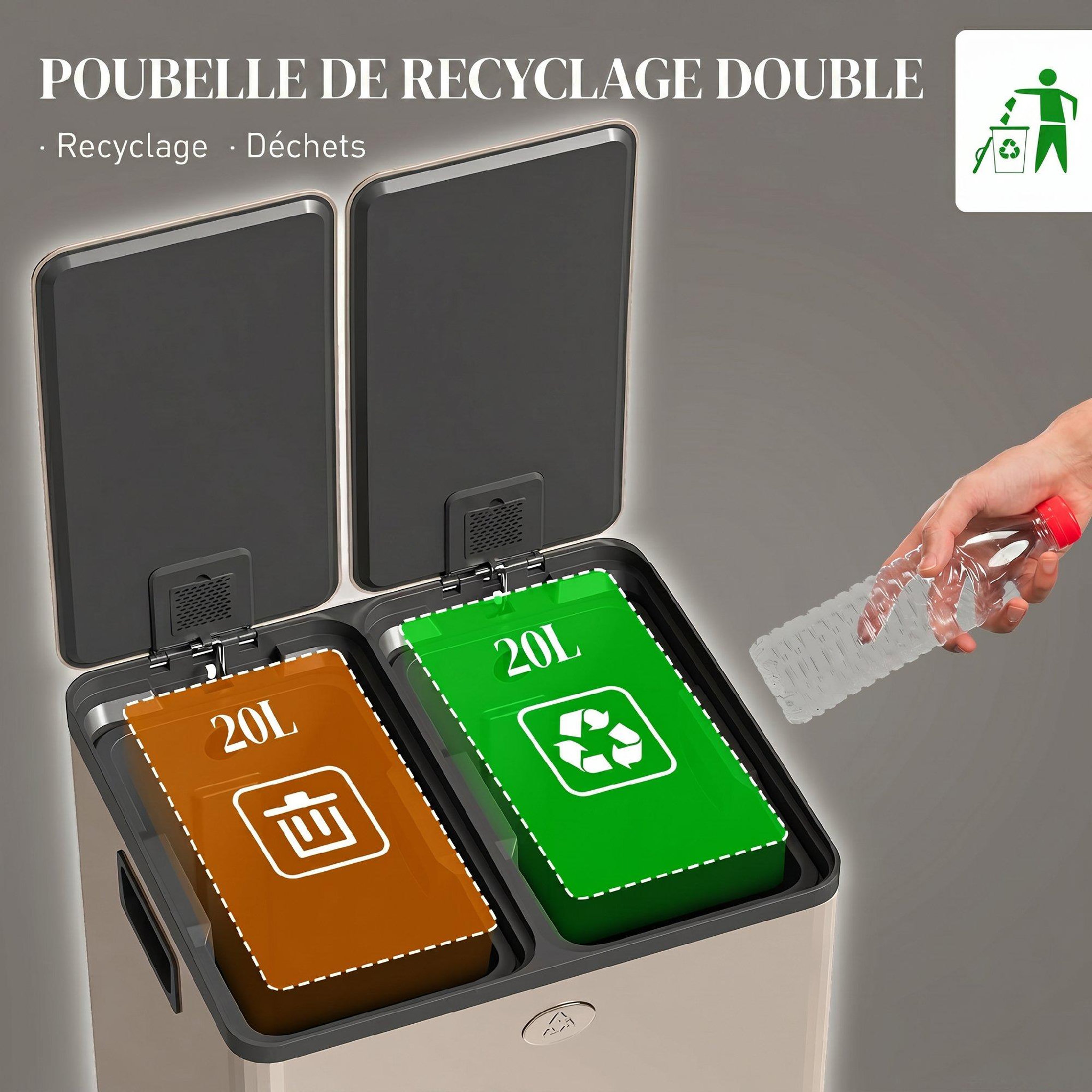 Voir la diapositive 5 : HOMCOM Poubelle manuelle tri selectif 2 bacs capacité totale 20l acier inox. Champagne
