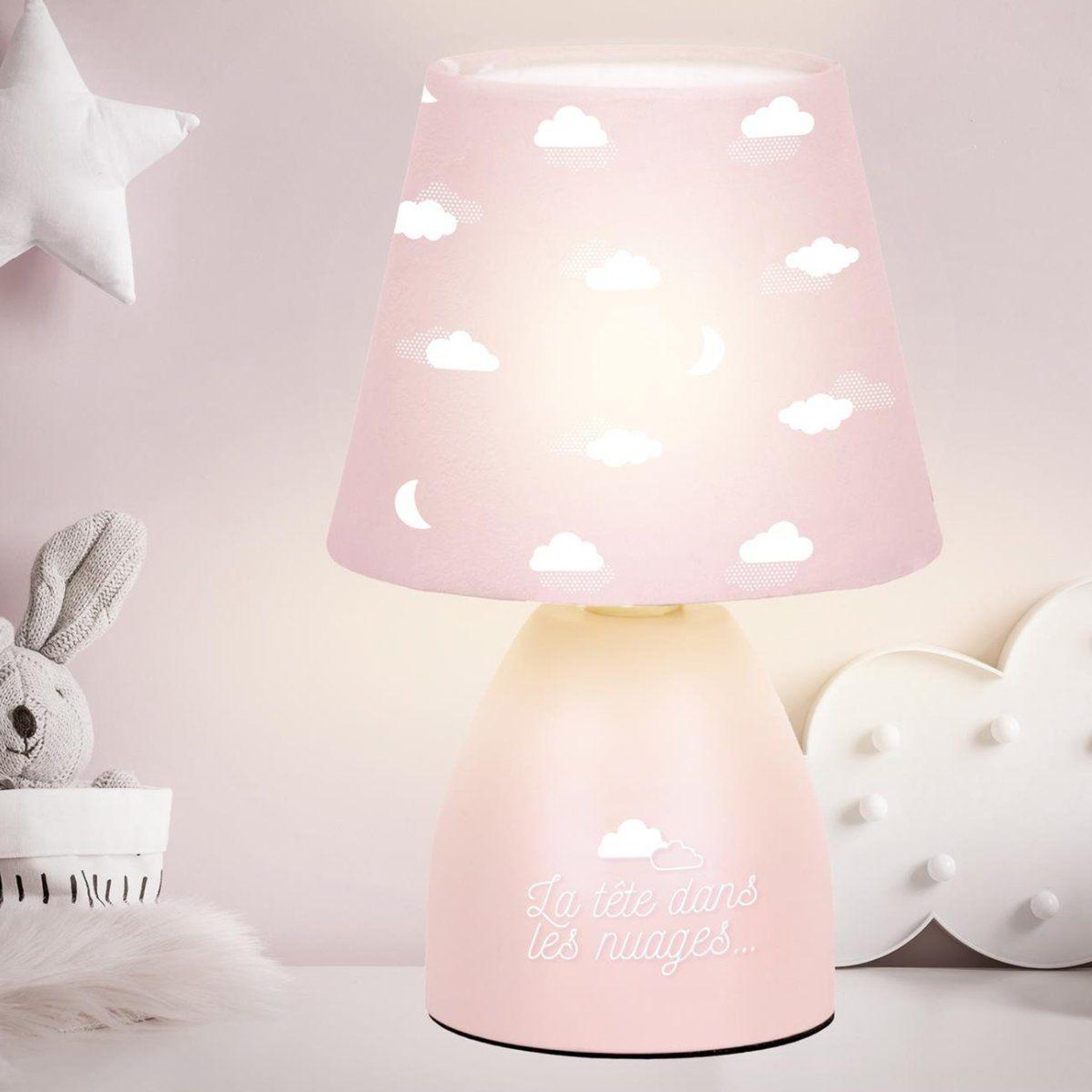Voir la diapositive 4 : HOME DECO KIDS Lampe de chevet enfant  nuages  19cm rose