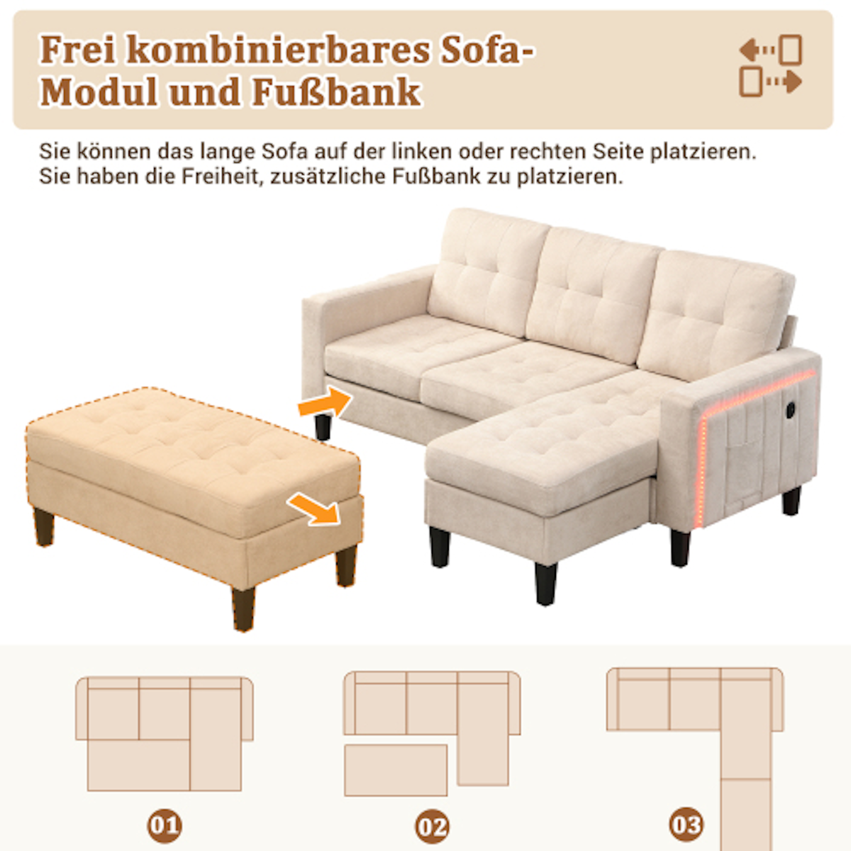 MERAX Canapé d'angle droit fixe 3 places tissu led