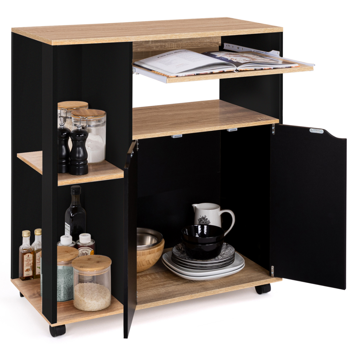 ID MARKET Desserte de cuisine COSI bois noir et plateaux façon hêtre L.76 CM