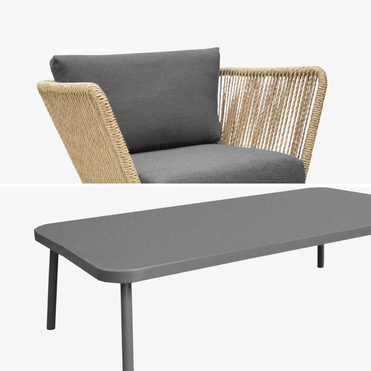 SWEEEK Salon de jardin bas Singapour, résine tressée effet corde, 5 places, coussins déhoussables