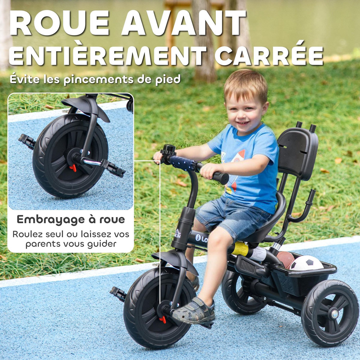 HOMCOM Tricycle enfant pare-soleil pliable canne amovible benne rangement acier bleu à pois noir