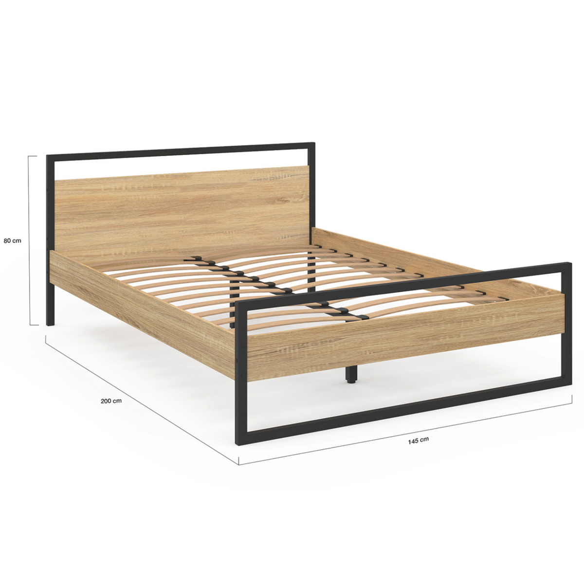 ID MARKET Lit double industriel DETROIT avec tête de lit et sommier 140 x 190 cm bois et métal noir