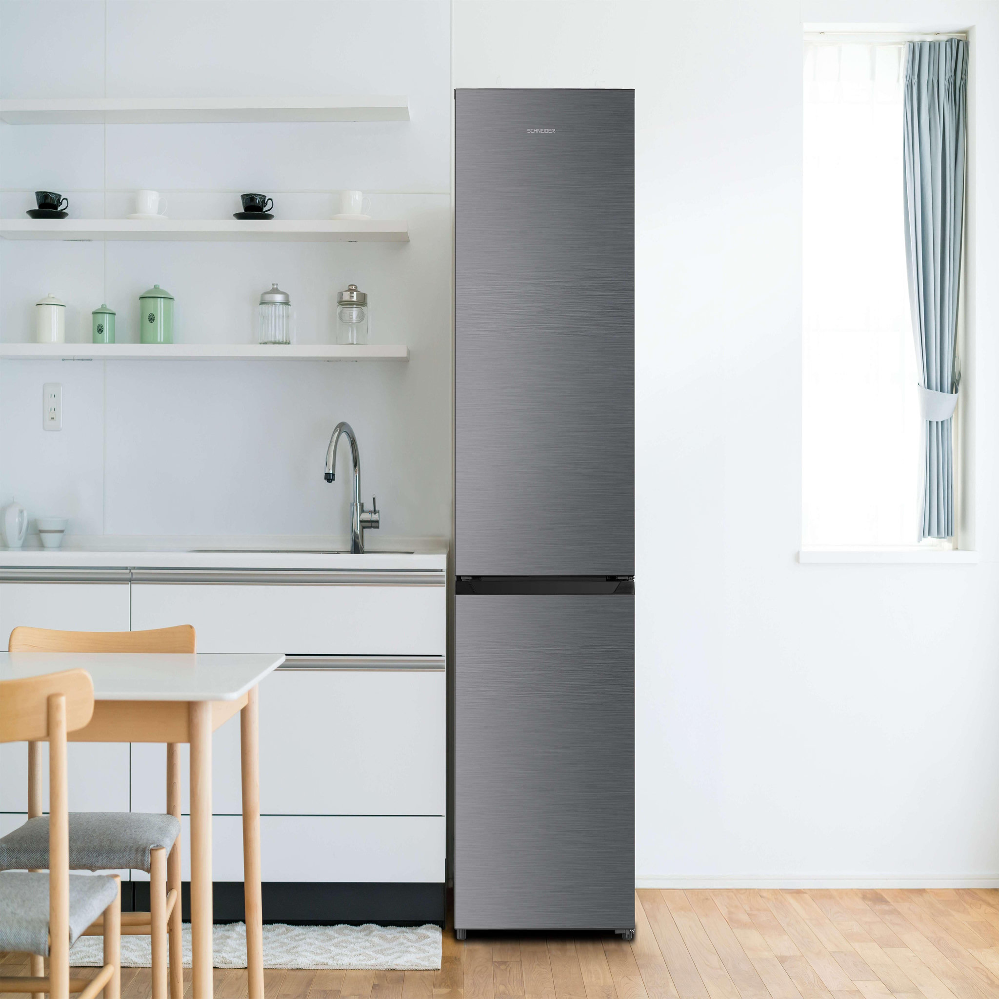 Voir la diapositive 2 : SCHNEIDER Réfrigérateur combiné 400L Inox - SCCB400NFXE