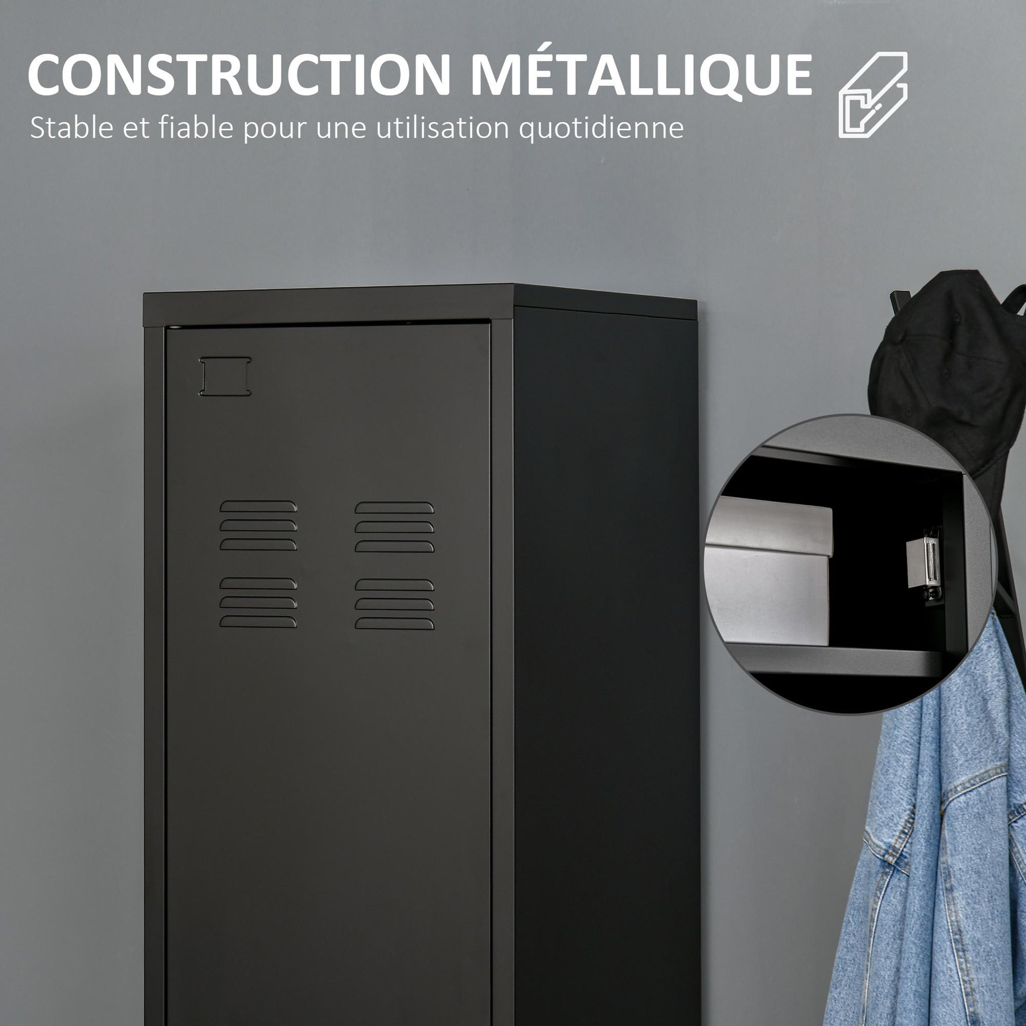 Voir la diapositive 5 : HOMCOM Armoire vestiaire métal design industriel - barre penderie, 3 étagères - dim. 43L x 50l x 180H cm - métal noir