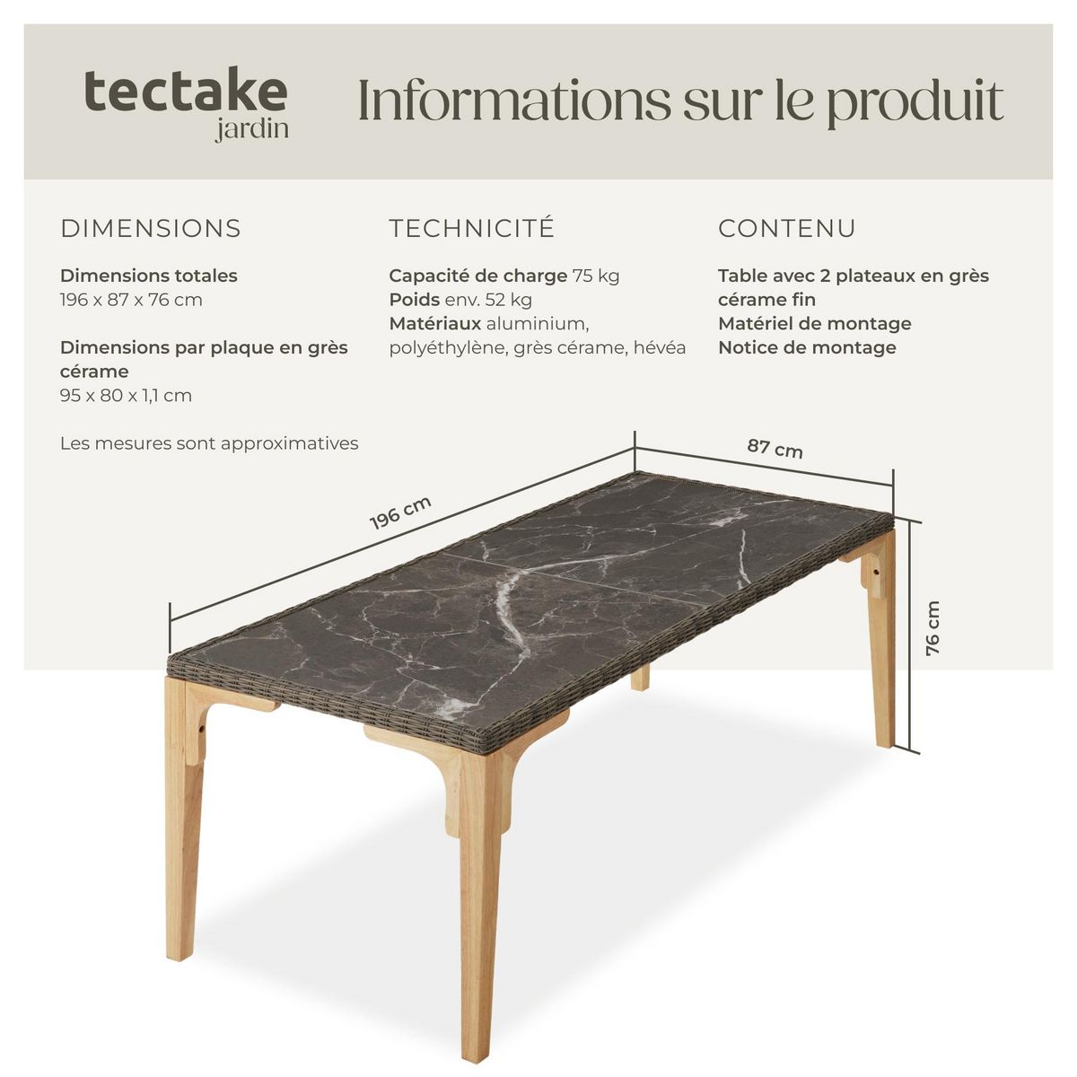 tectake Table en rotin avec cadre en aluminium et bois marron naturel