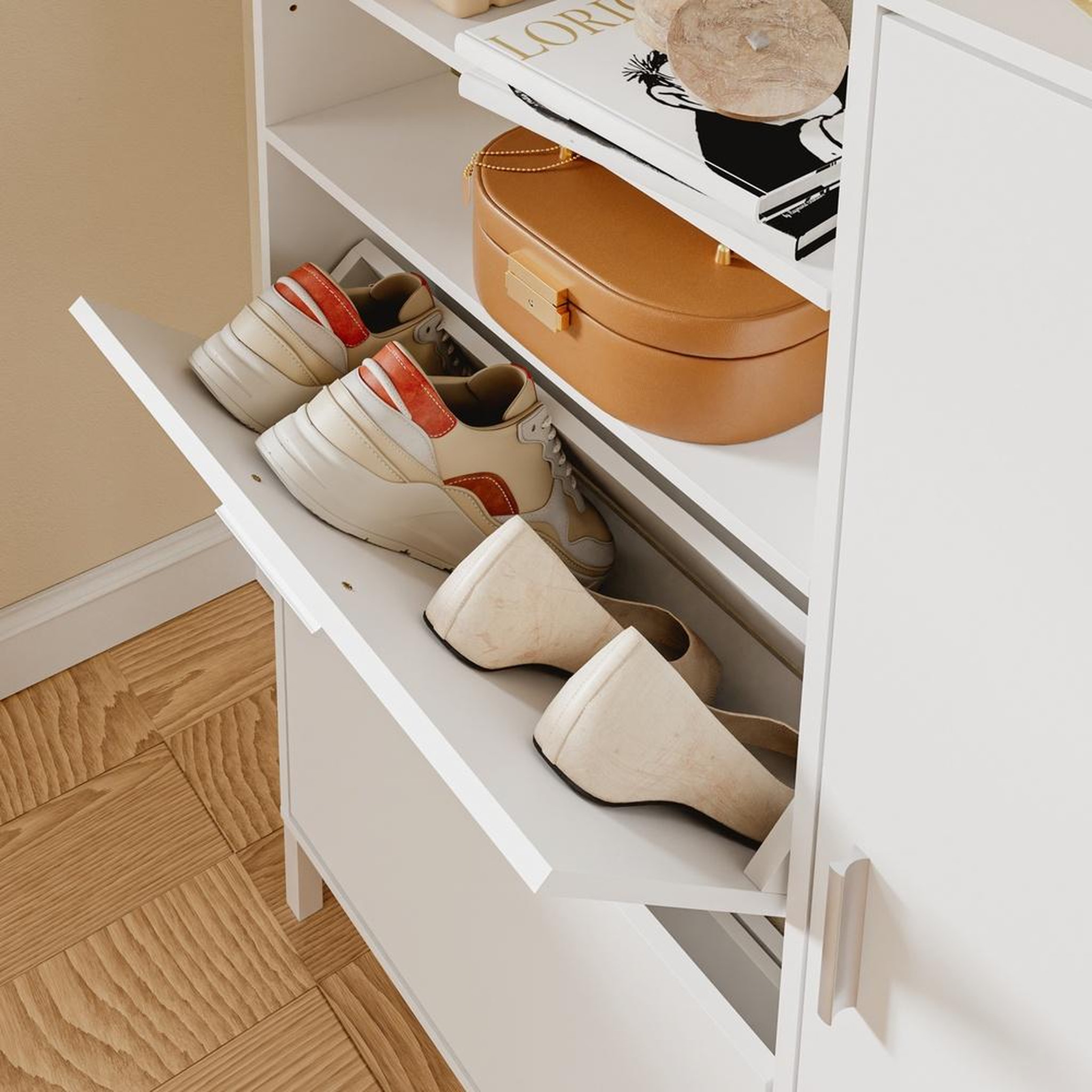 Voir la diapositive 6 : SOBUY Armoire à chaussures compacte 2-en-1 avec portes rabattables et étagères inclinées, blanc