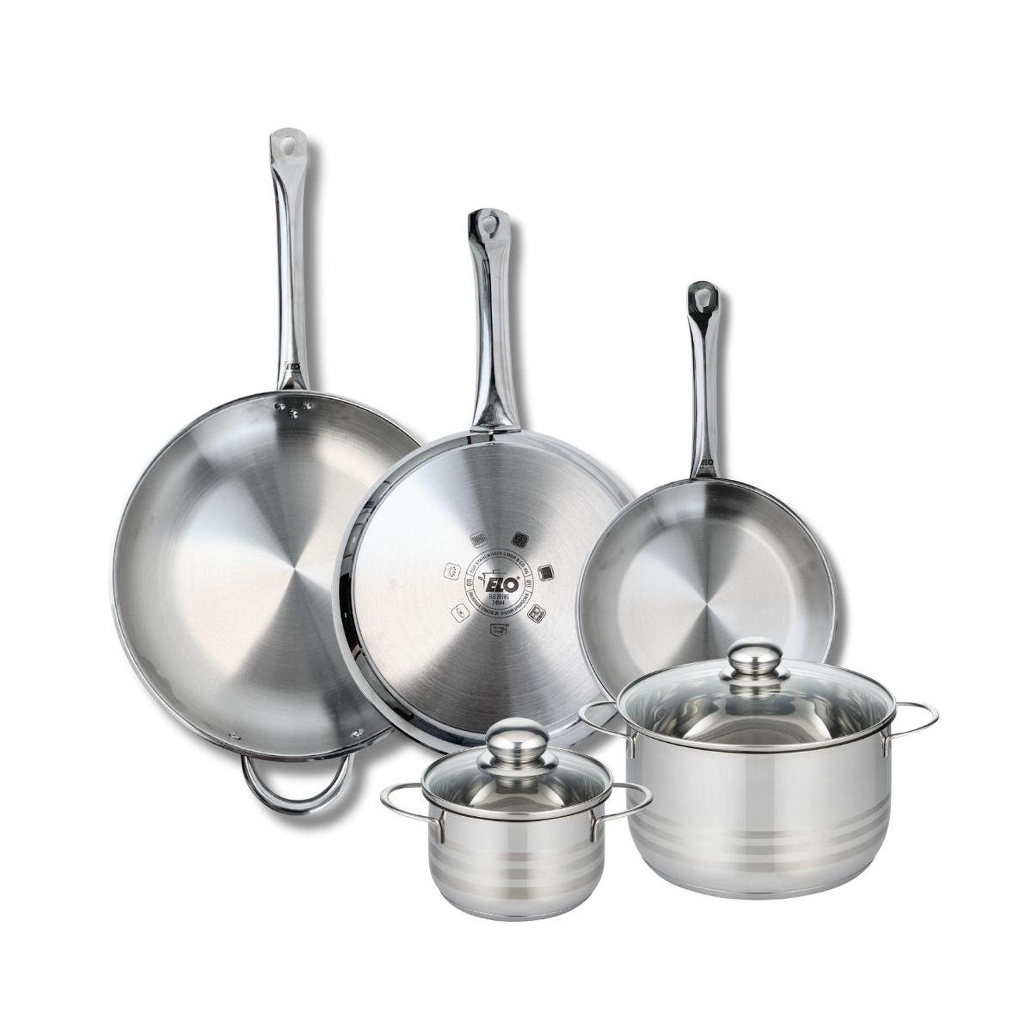 ELO Ensemble de 3 poêles de cuisson 24, 28 et 32 cm et 2 faitouts 14 et 20 cm elo profi brillant