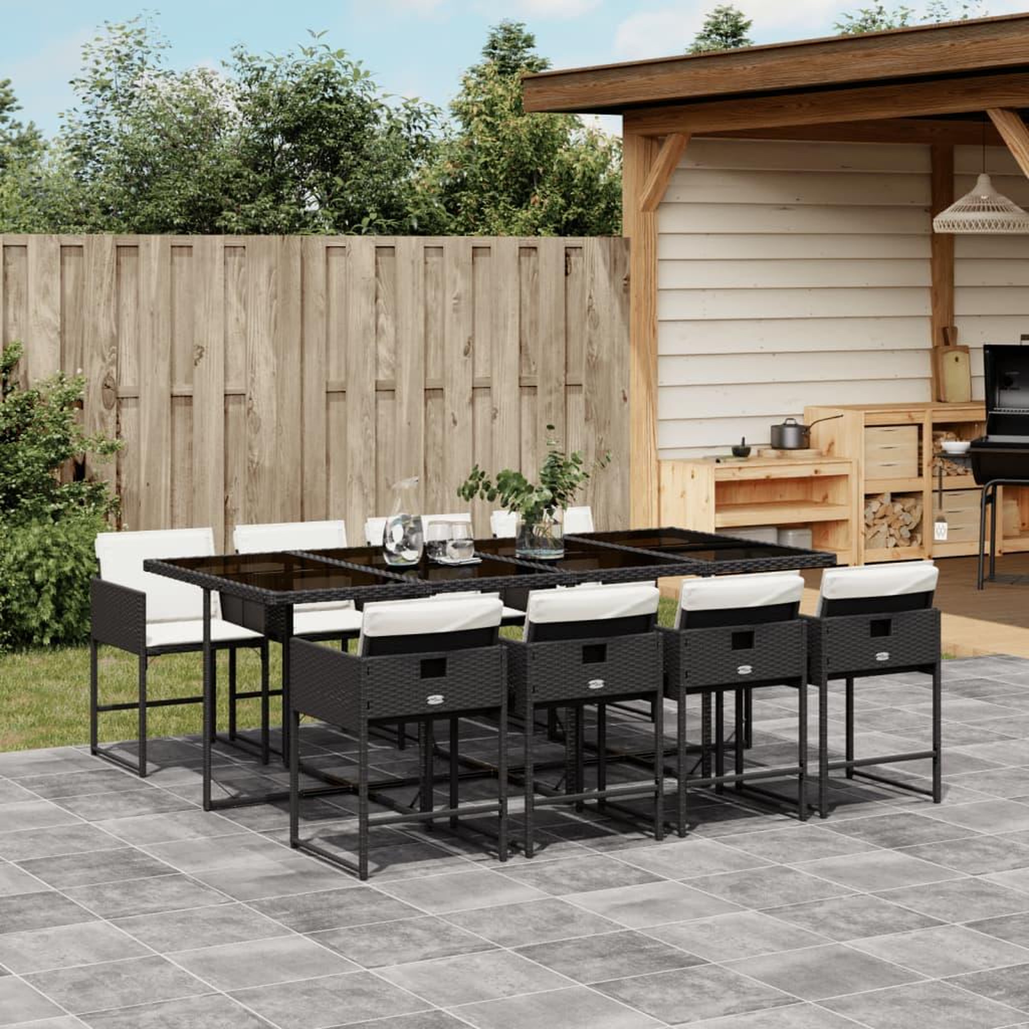 VIDAXL Ensemble a manger de jardin 9pcs coussins noir resine tressee