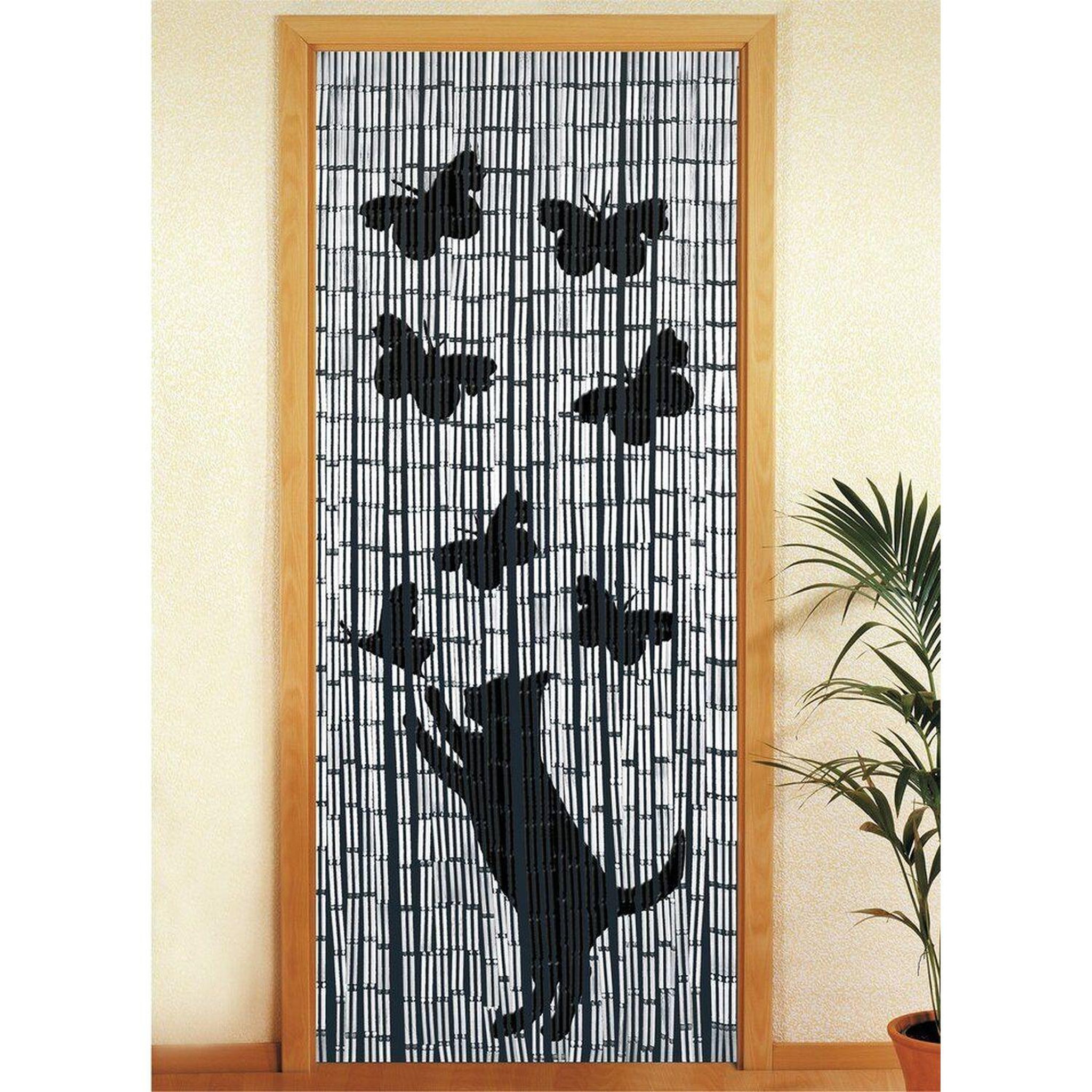 Voir la diapositive 2 : Wenko Rideau de porte en bambou à motifs chat et papillon - 90 x 200 cm - gris