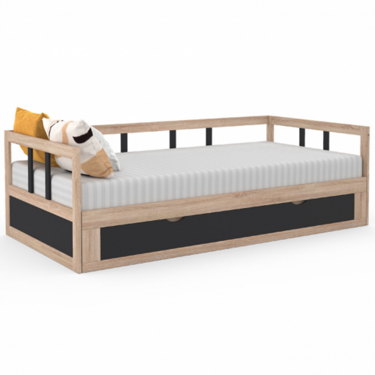 ID MARKET Lit banquette 90 x 190 cm ZOYA convertible 180 x 190 cm hêtre et noir avec 1 tiroir de rangement