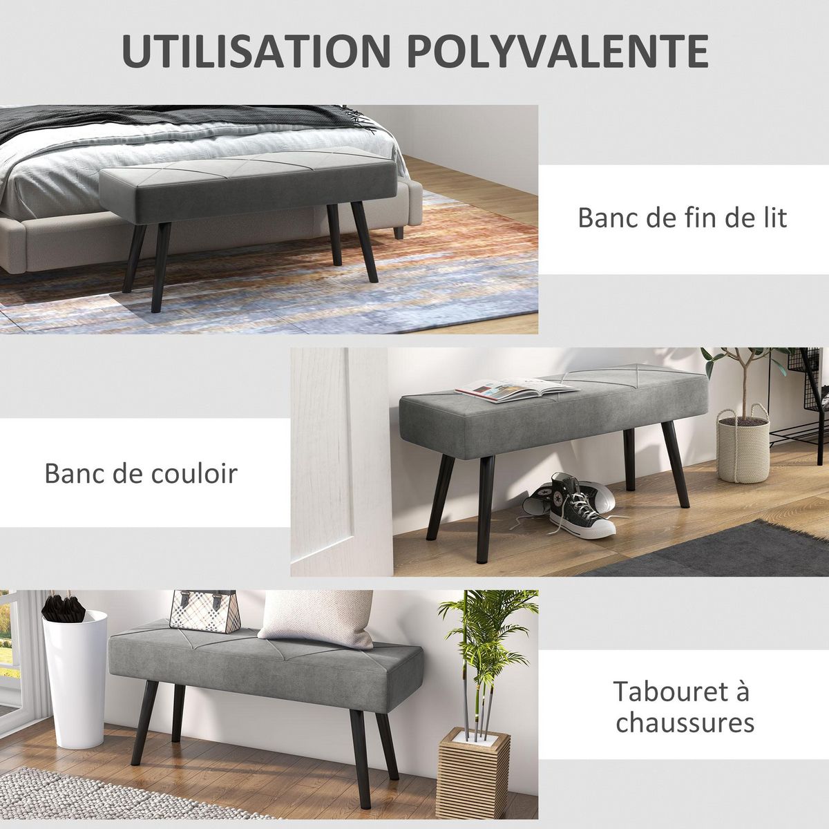 HOMCOM Banquette bout de lit design contemporain noir gris
