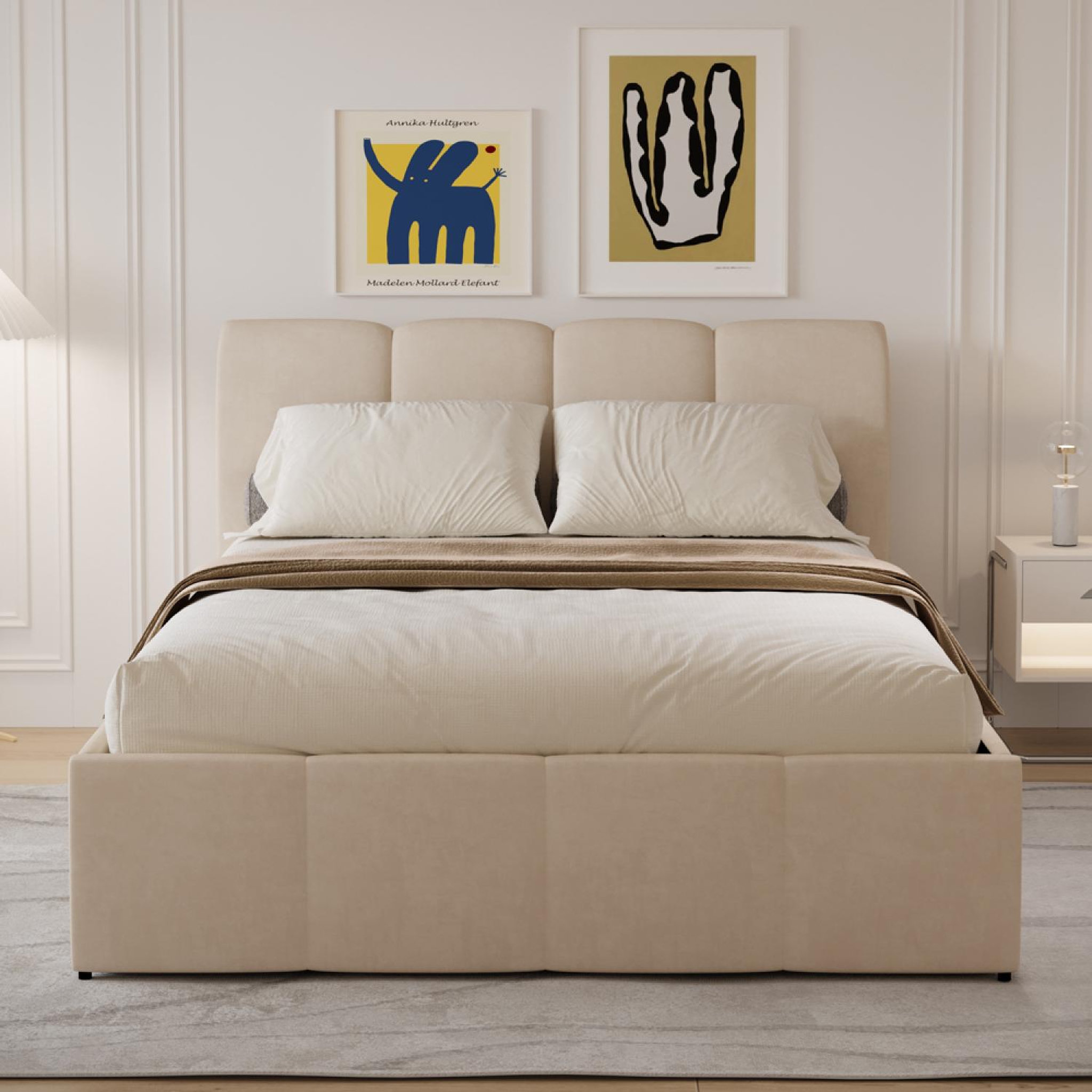Voir la diapositive 3 : CONCEPT USINE Lit coffre style nuage led 140x190cm velours beige baltimore