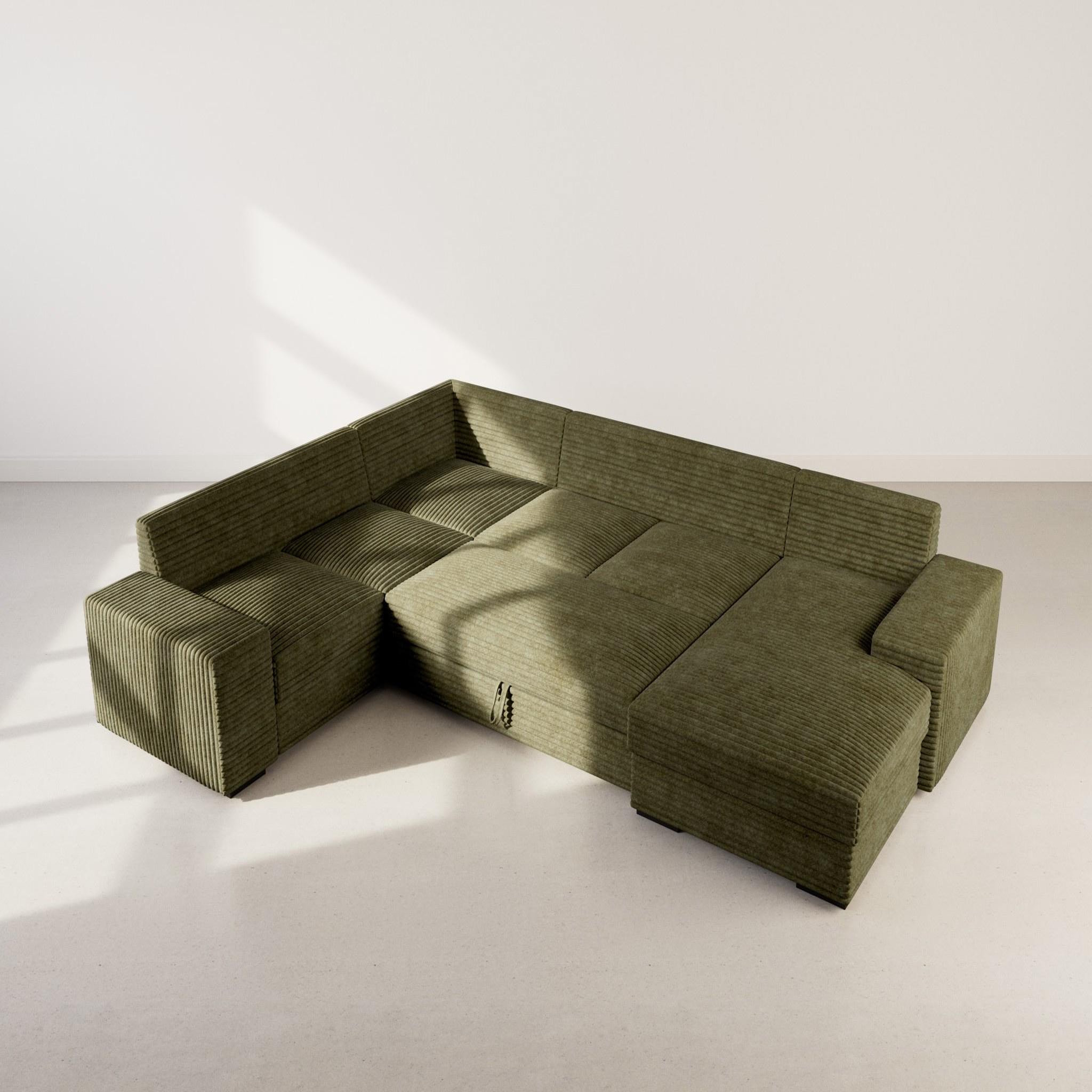 Voir la diapositive 5 : BEST MOBILIER Lorie - canapé panoramique d'angle gauche 7 places convertible en velours côtelé grosse côte avec coffre