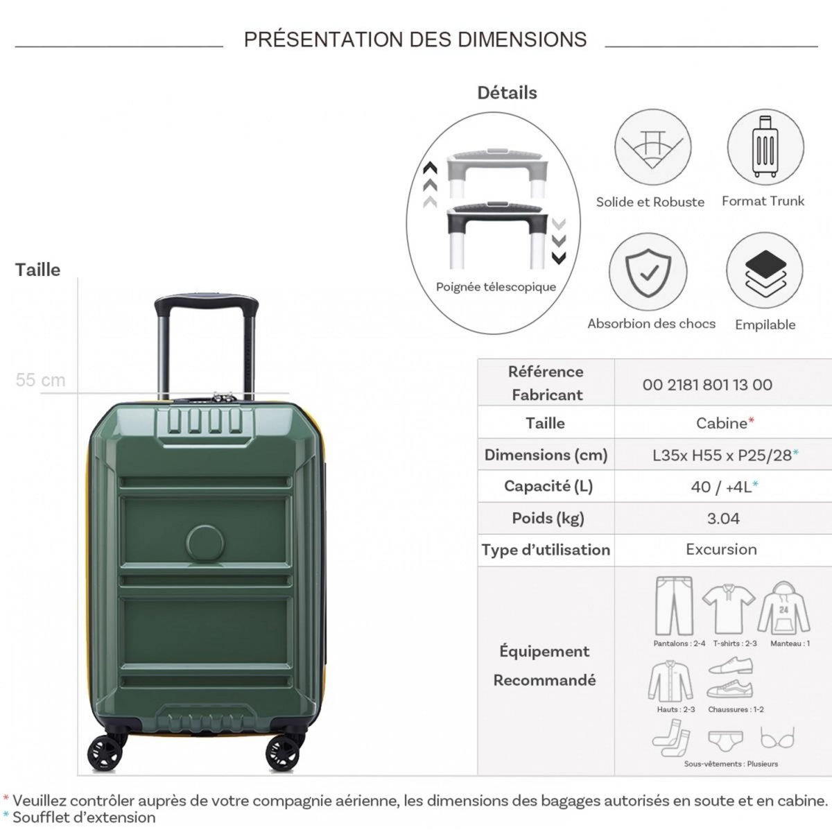 Delsey Valise cabine rigide Rempart TSA polycarbonate 55cm