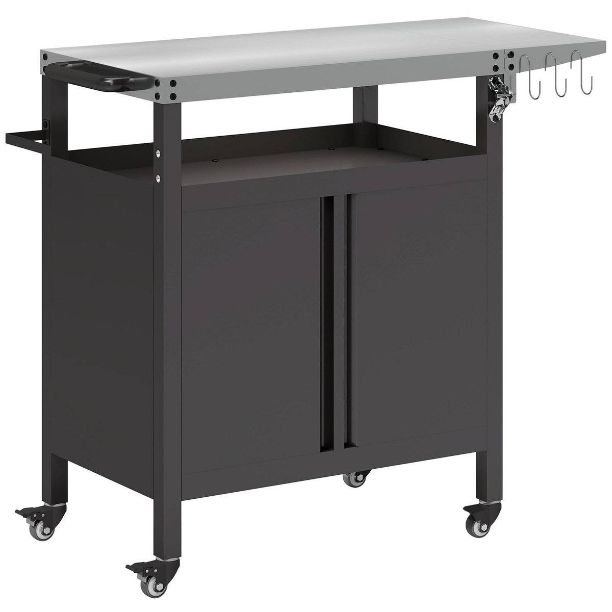 OUTSUNNY Desserte de jardin desserte plancha barbecue - 2 portes, tablette pliable, 3 crochets - acier noir acier inox