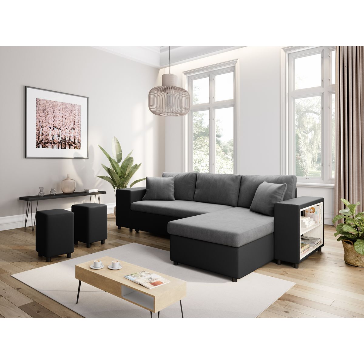 Canapé d'angle convertible avec coffre 3 places + 2 poufs à gauche et étagère à droite  MACHA
