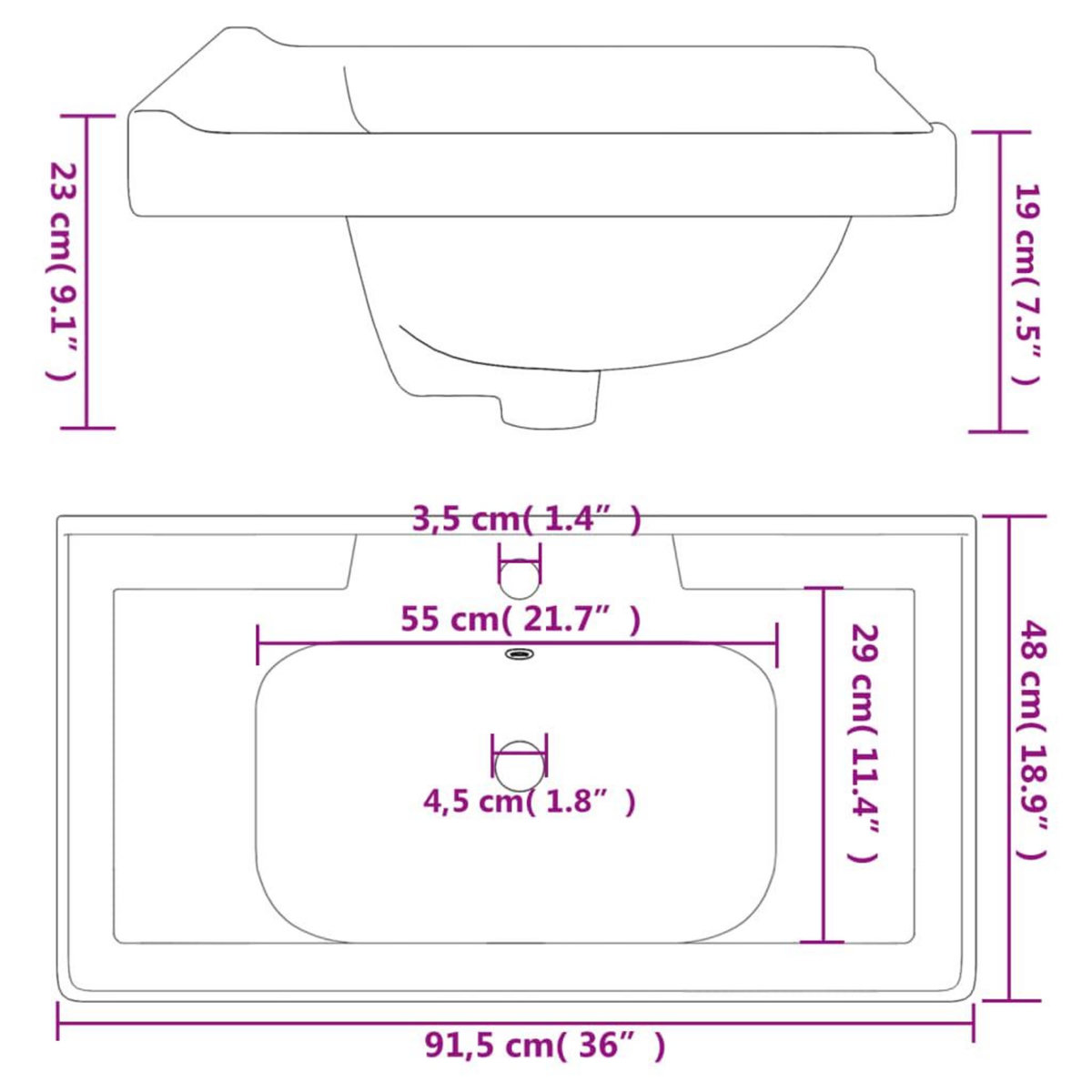 VIDAXL Evier salle de bain blanc 91,5x48x23 cm rectangulaire ceramique