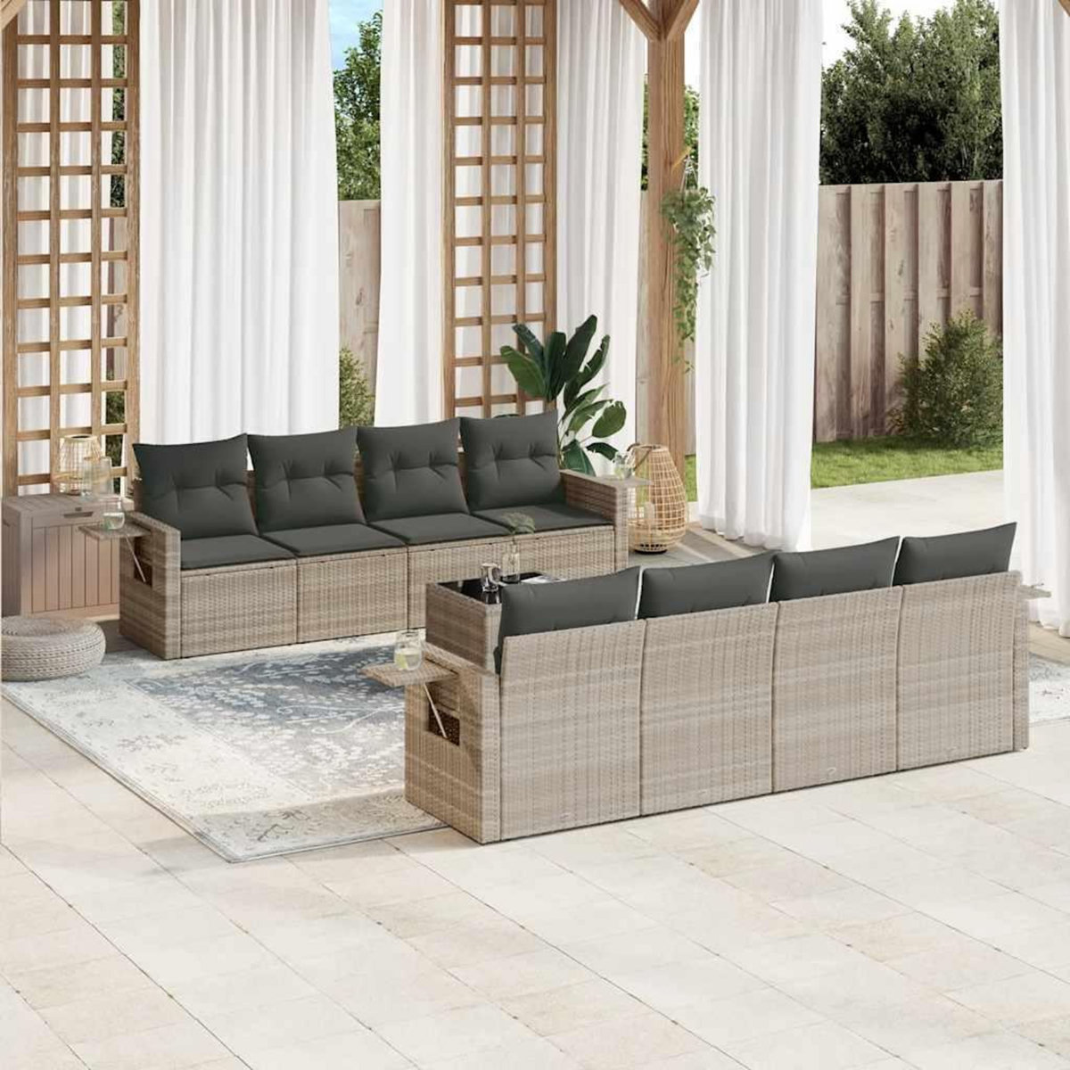 VIDAXL Salon de jardin 9 pcs avec coussins gris clair resine tressee
