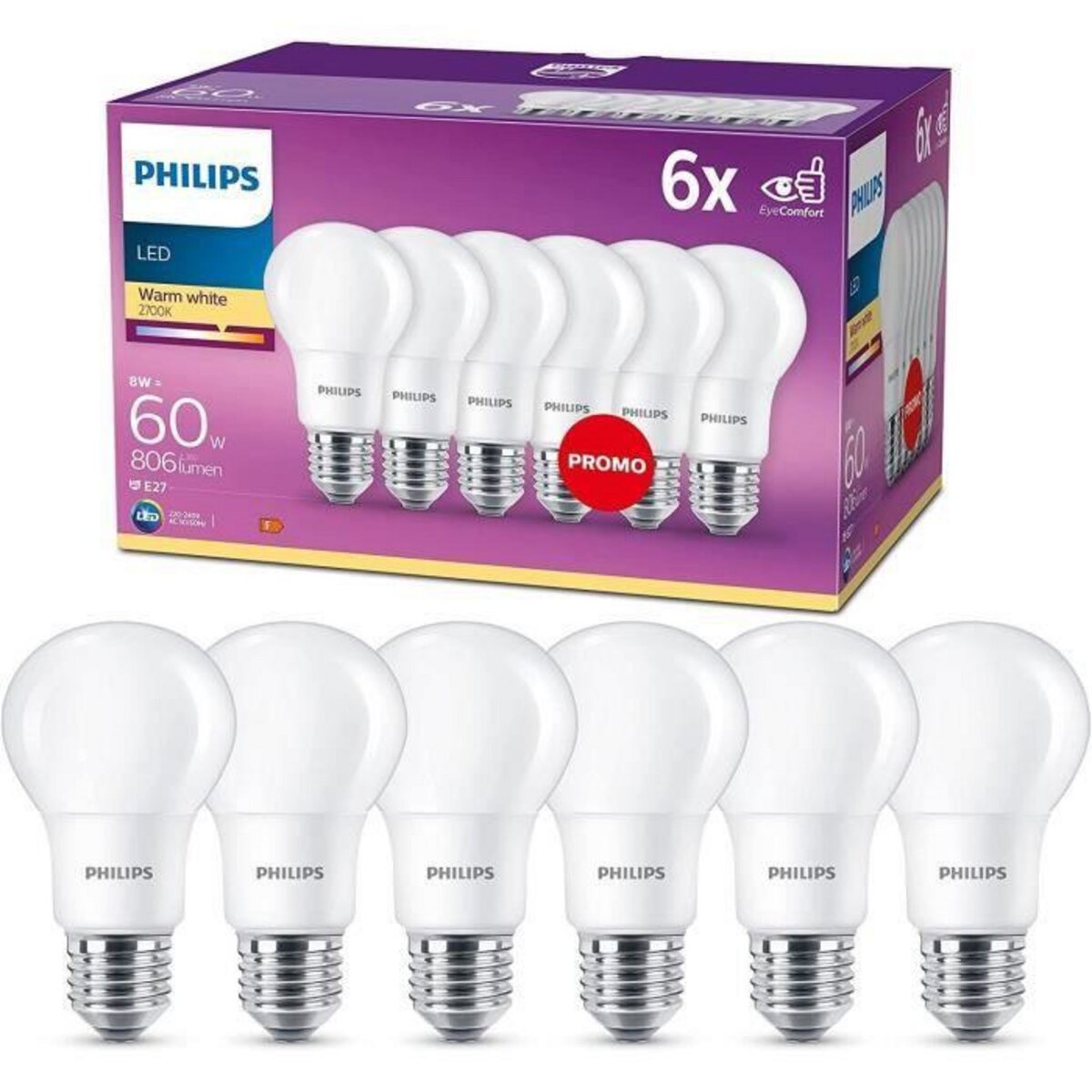 Philips, pack de 6 ampoules E27 LED 60W, blanc chaud pas cher 