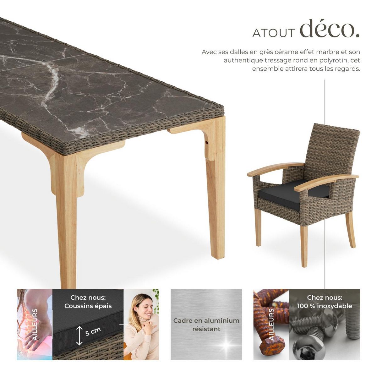 tectake Ensemble table en rotin avec 8 chaises avec cadre robuste marron naturel