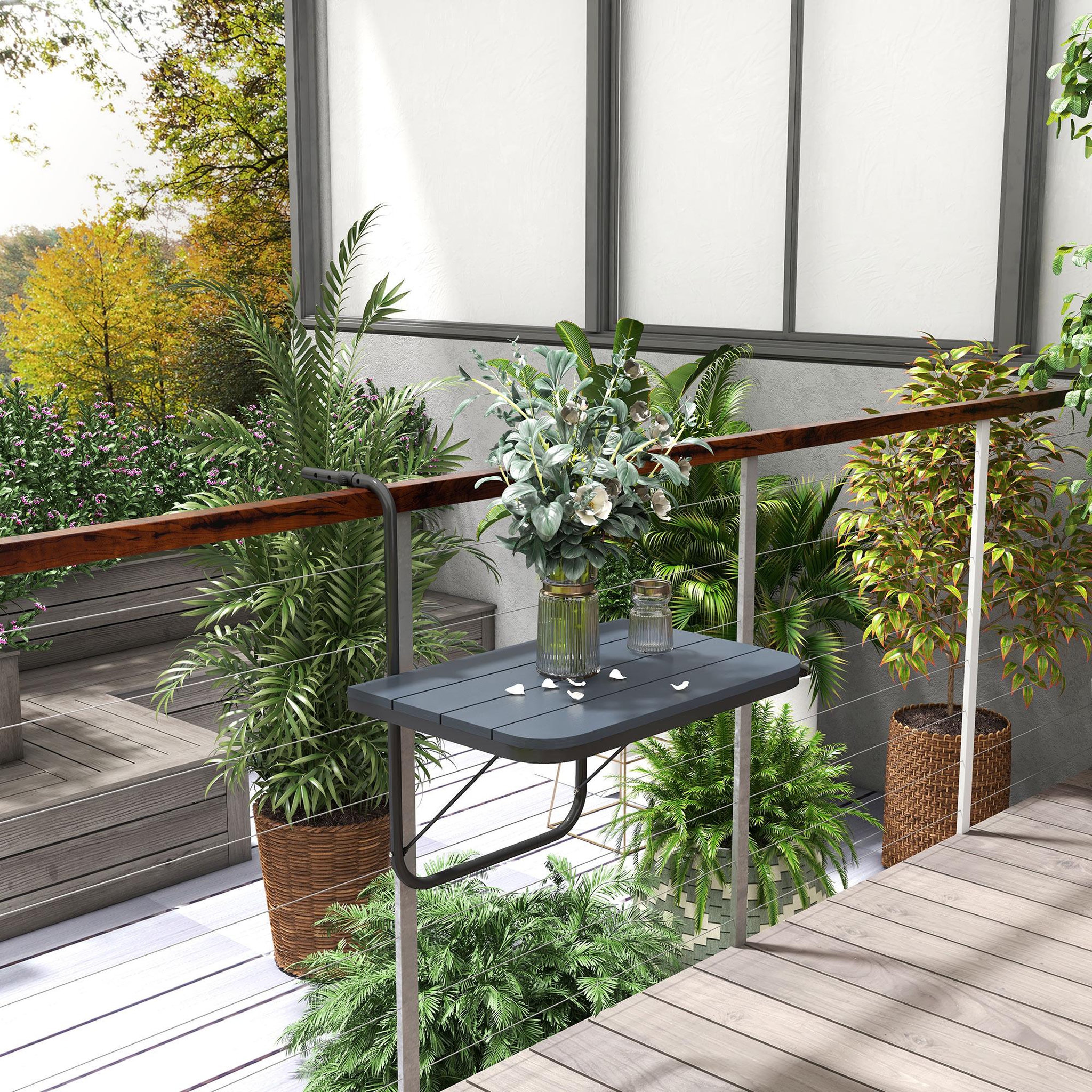 Voir la diapositive 5 : OUTSUNNY Table suspendue de balcon pliable dim. plateau 60L x 40l cm hauteur réglable 55-64H cm alu plastique noir