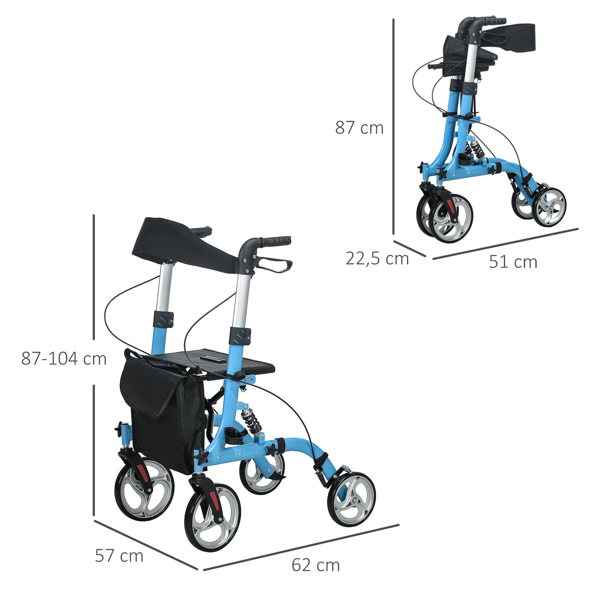 Voir la diapositive 3 : HOMCOM Déambulateur 4 roues - pliable, léger - assise, dossier, hauteur poignées réglable, freins à main - sacoche rangement - alu. bleu noir