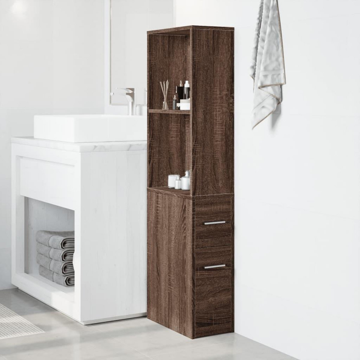 VIDAXL Armoire de salle de bain etroite avec roulettes chene marron