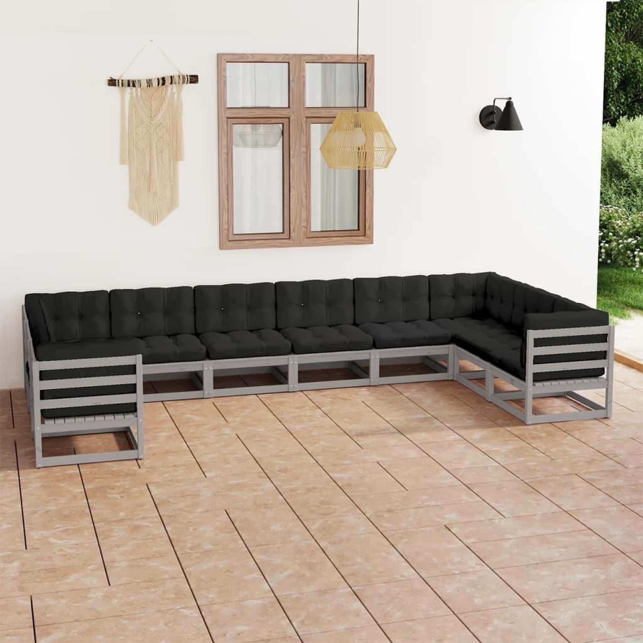 Voir la diapositive 1 : VIDAXL Salon de jardin 10 pcs avec coussins Gris Bois de pin massif