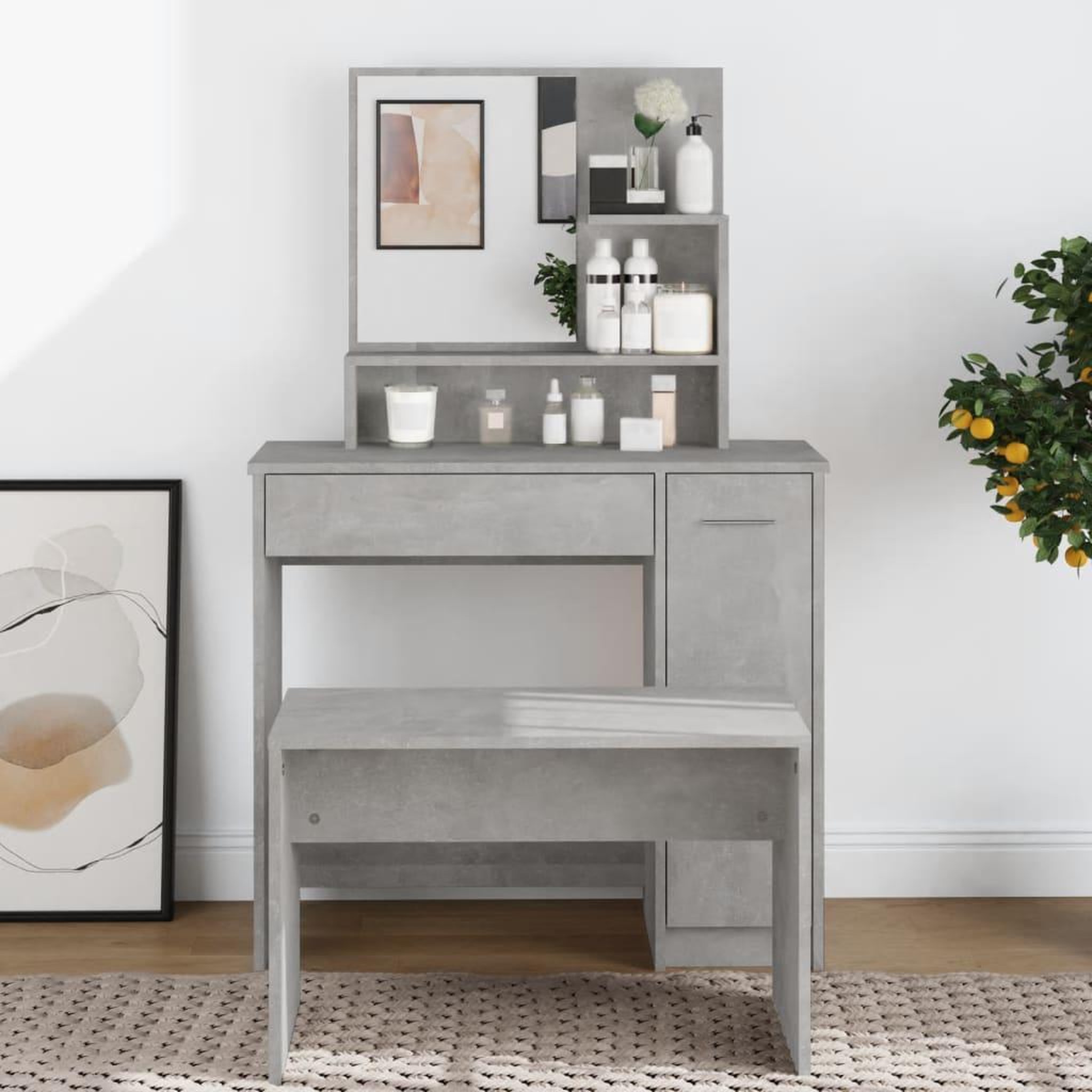 Voir la diapositive 1 : VIDAXL Coiffeuse avec miroir Gris beton 86,5x35x136 cm