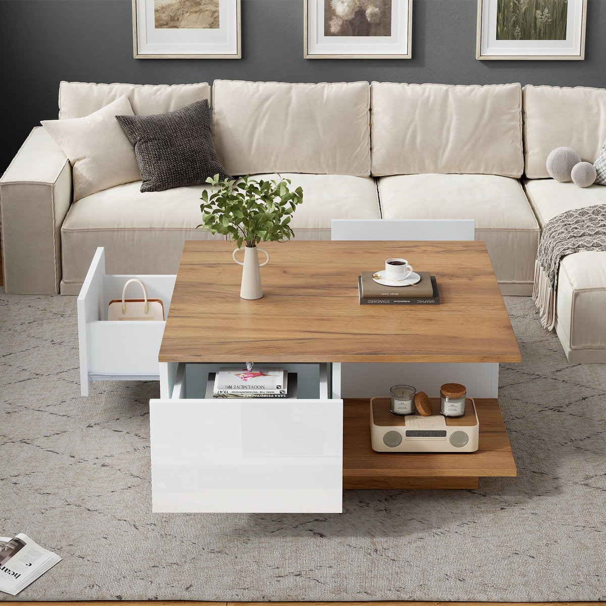 MERAX Table basse carrée blanc+naturel avec 3 tiroirs - 70x70 cm panneau de particules