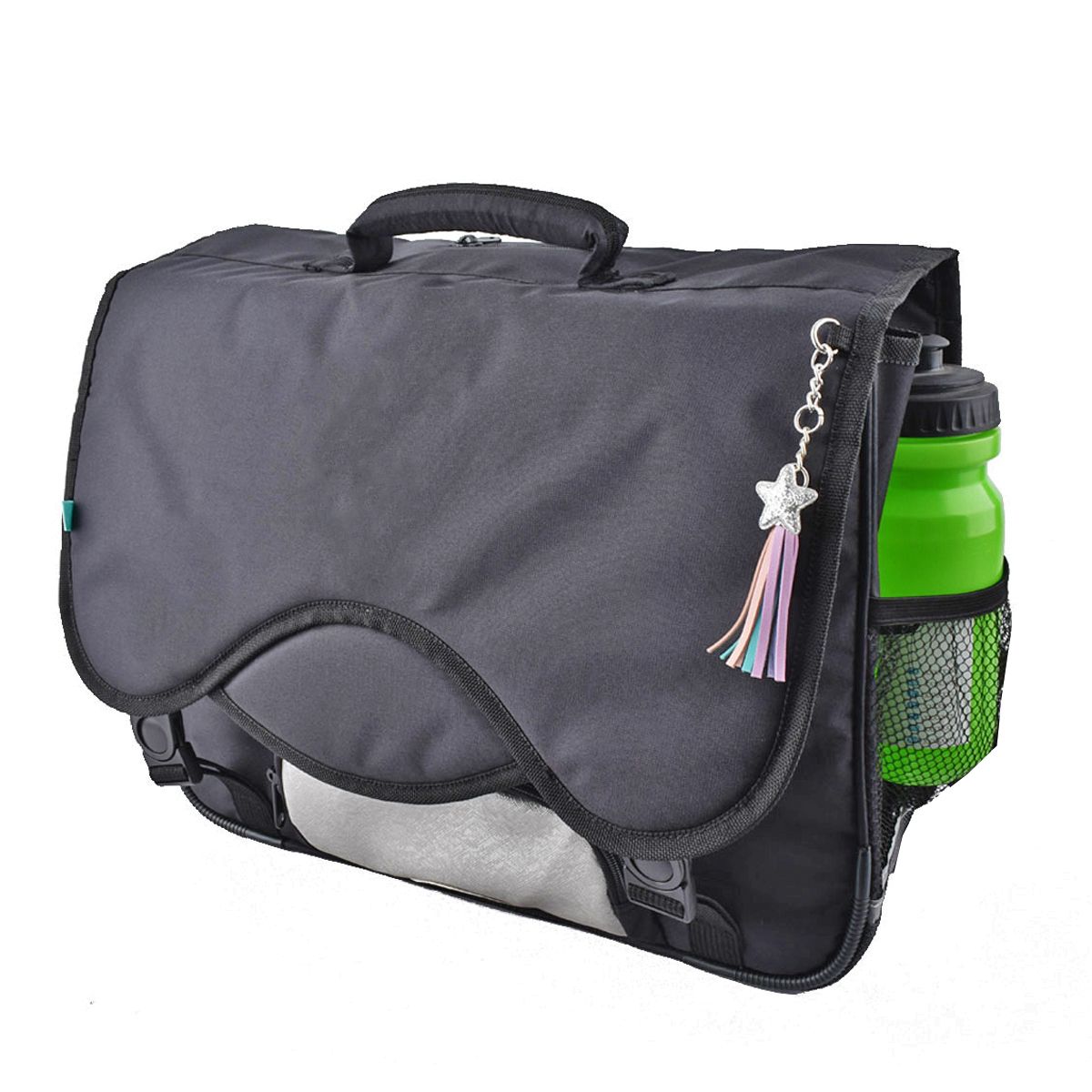 AUCHAN Cartable 41 cm CM1/CM2 noir pochette grise argentée