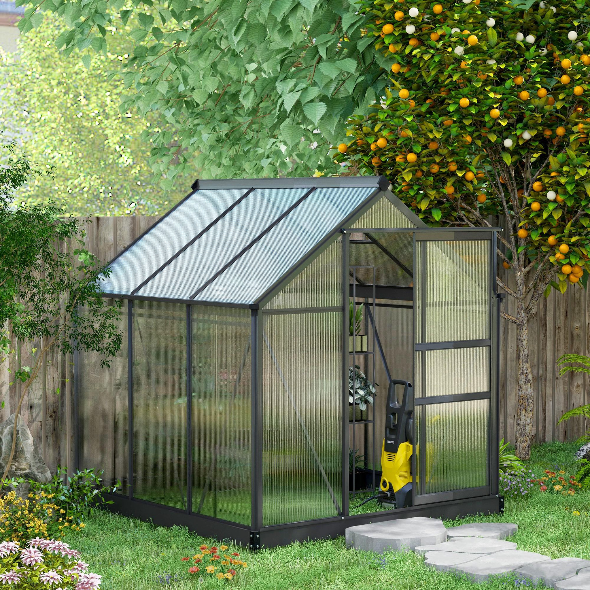 Voir la diapositive 4 : OUTSUNNY Serre de jardin aluminium polycarbonate 3,65 m² dim. 1,9l x 1,92l x 2,01h m lucarne, porte coulissante + fondation incluse alu. Gris polycarbonate transparent