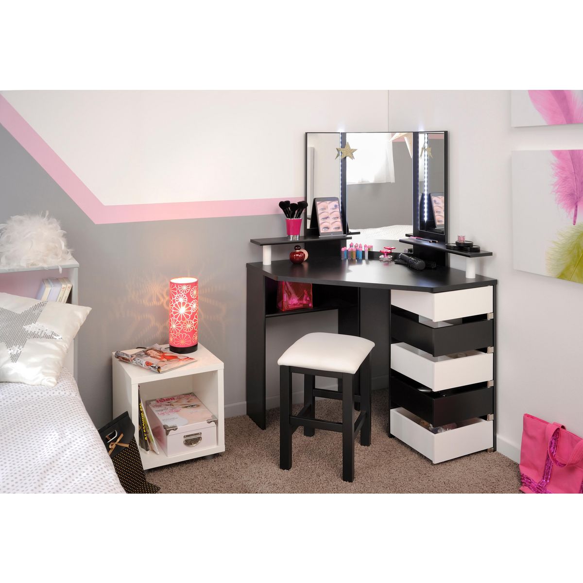 Coiffeuse d'angle 3 miroirs 5 tiroirs pivotants GIRLY