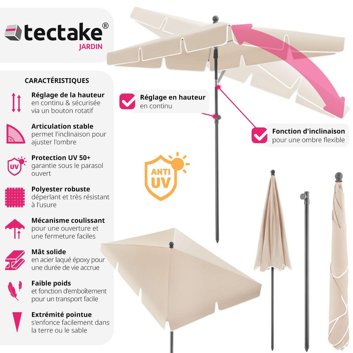 tectake Parasol VANESSA 200 x 125 cm réglable en hauteur et inclinable