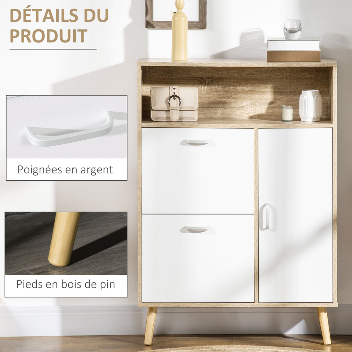 HOMCOM Meuble à chaussures design scandinave placard 3 portes 3 étagères niche piètement effilé incliné bois panneaux aspect chêne clair