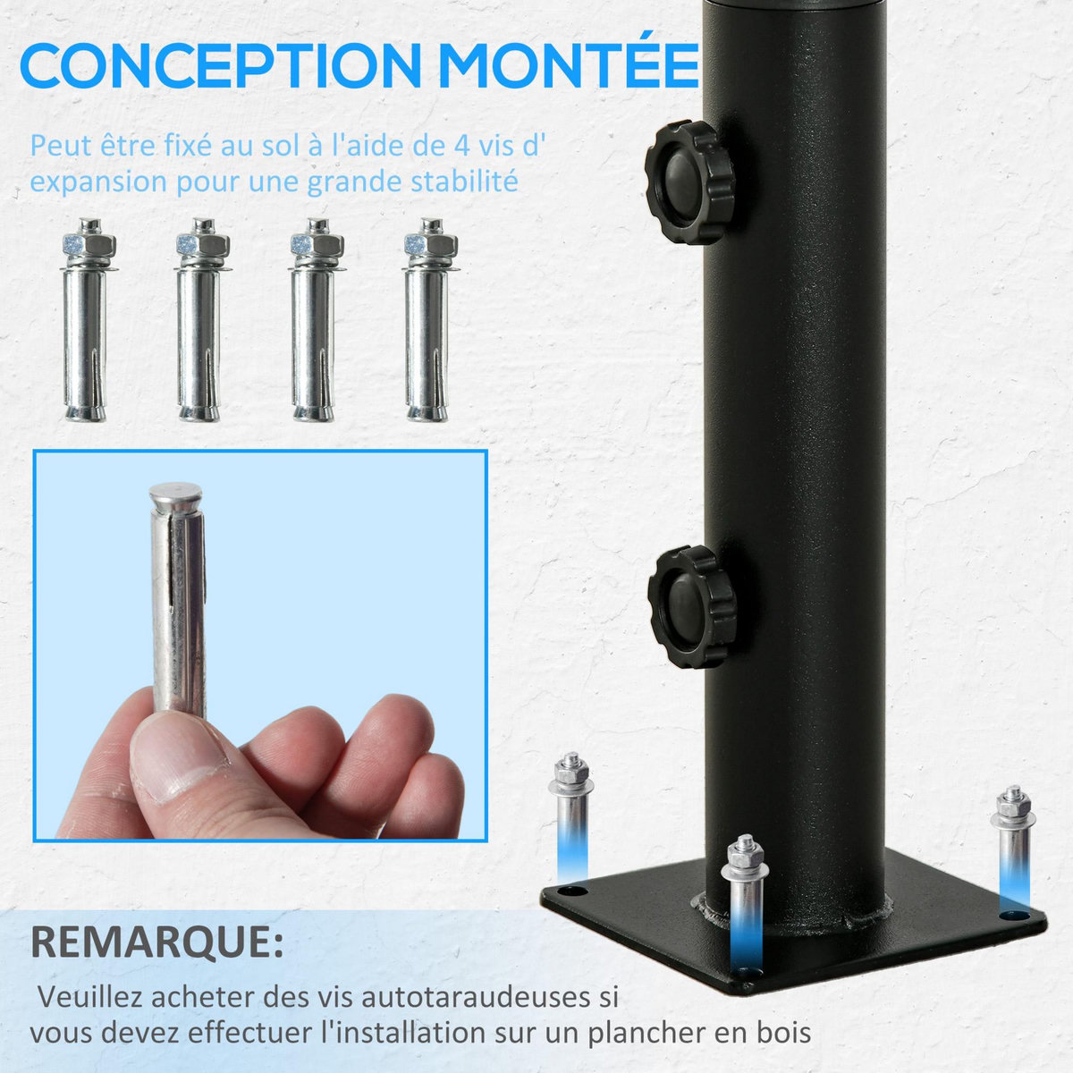 OUTSUNNY Pied de parasol - support de parasol pour ancrage au sol - visserie incluse - acier noir