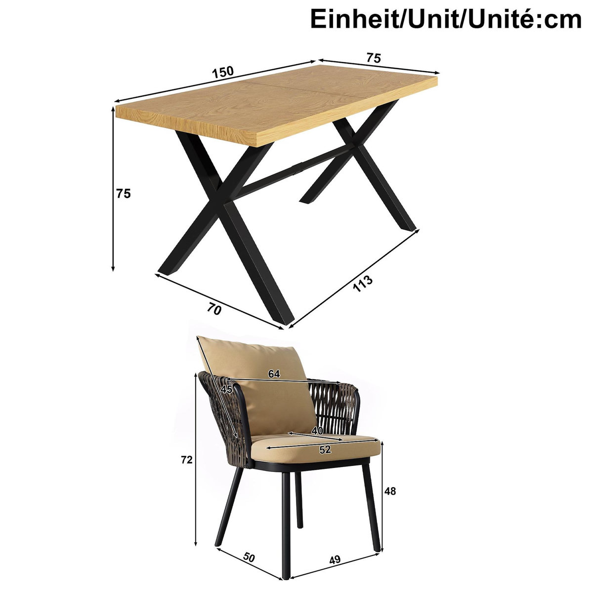 MERAX Salon de jardin 6 places avec table et chaises en rotin, bois noir