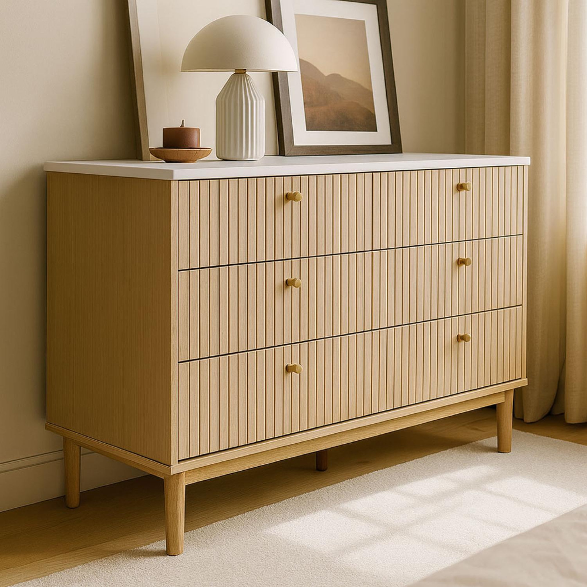 Voir la diapositive 3 : CONCEPT USINE Buffet 6 tiroirs aspect bois rainuré et blanc 120cm BROX
