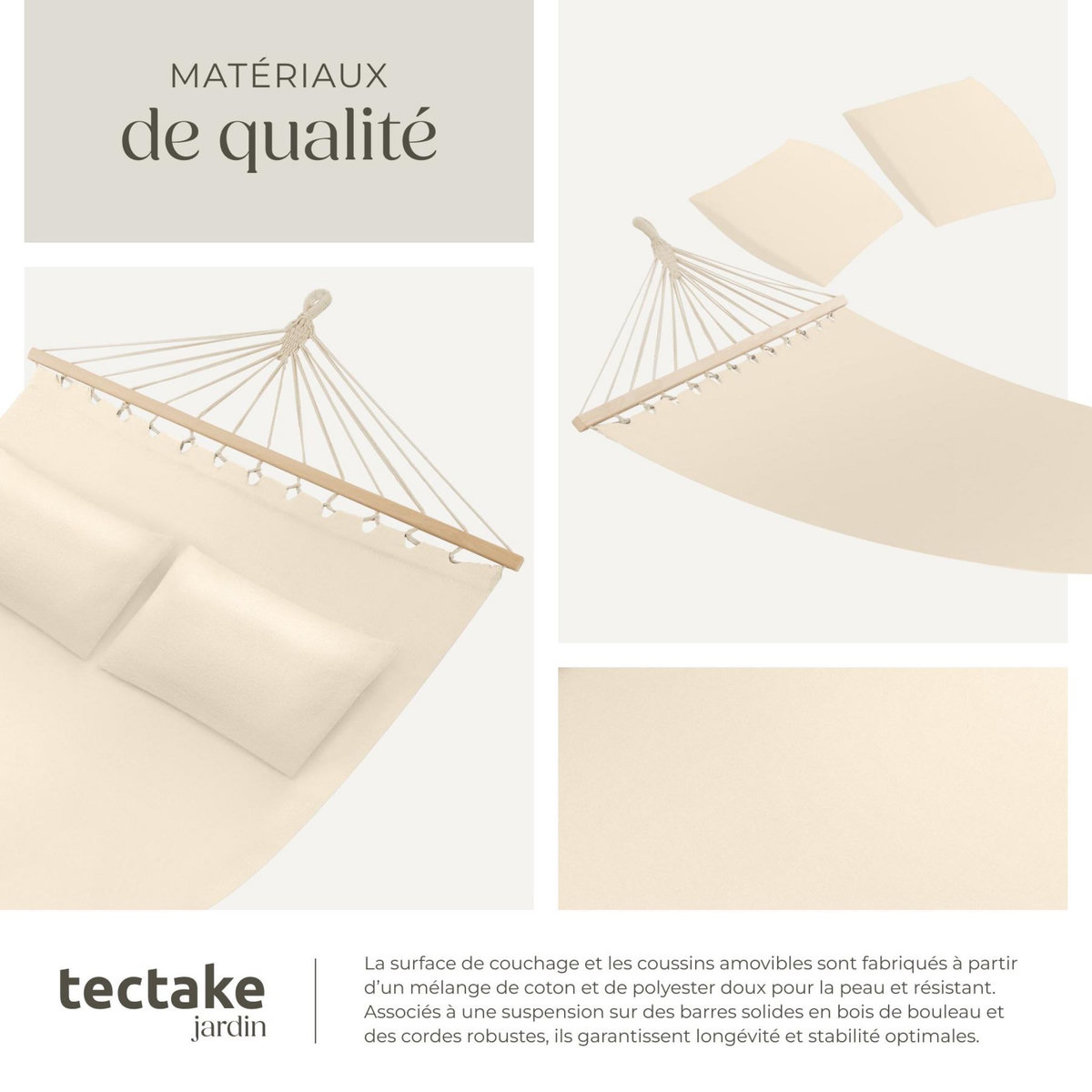 tectake Hamac avec barres d'expansion pour 2 personnes beige