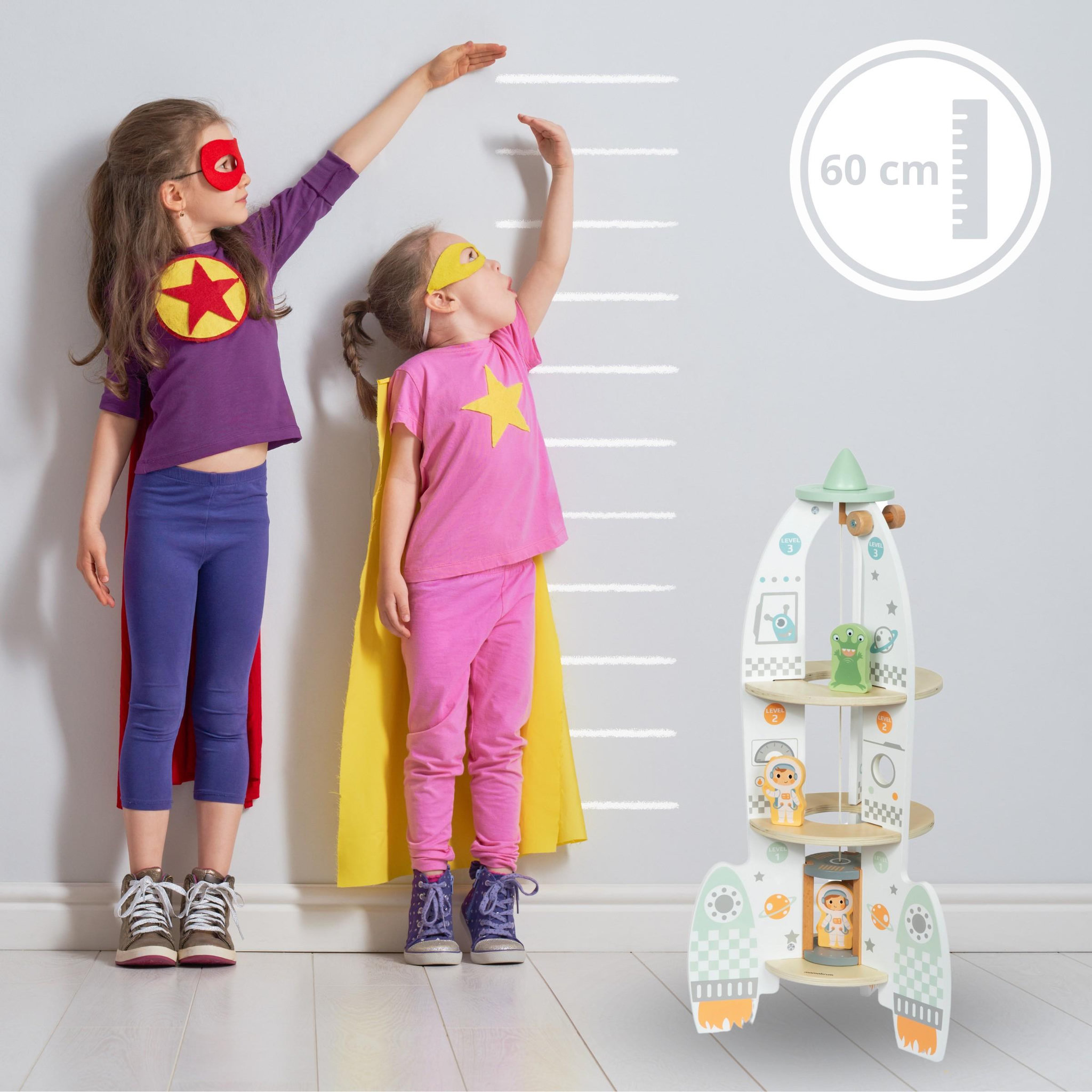 Voir la diapositive 2 : MAMABRUM Grande Fusée Spatiale en Bois avec Ascenseur, Astronautes et Accessoires, 60 cm