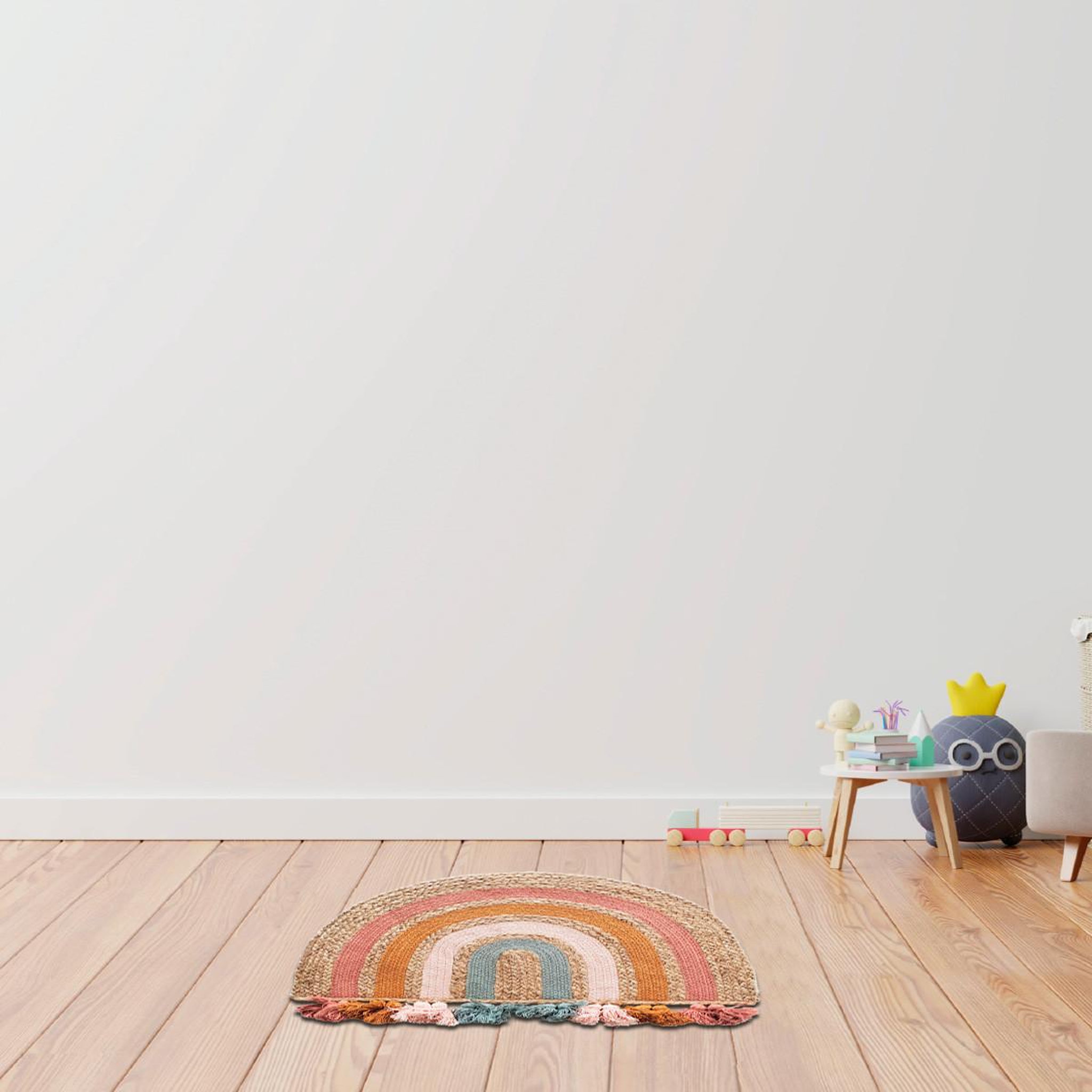 Voir la diapositive 2 : FUTURE HOME Tapis enfant arc-en-ciel à pompons en jute 72x52cm