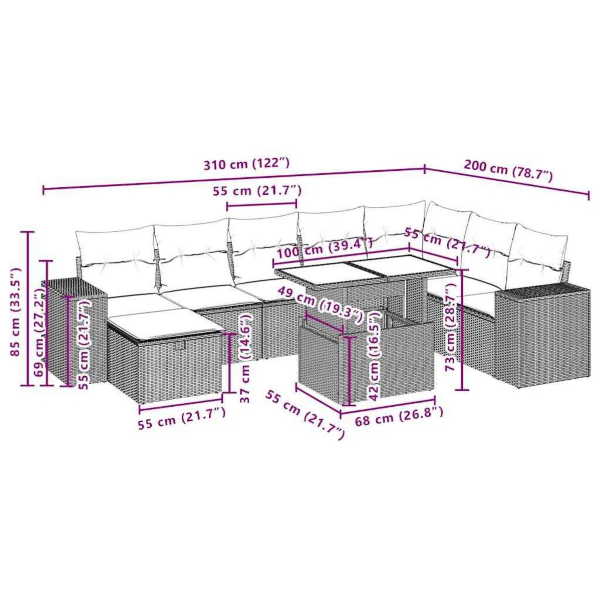 VIDAXL Salon de jardin avec coussins 9 pcs marron resine tressee