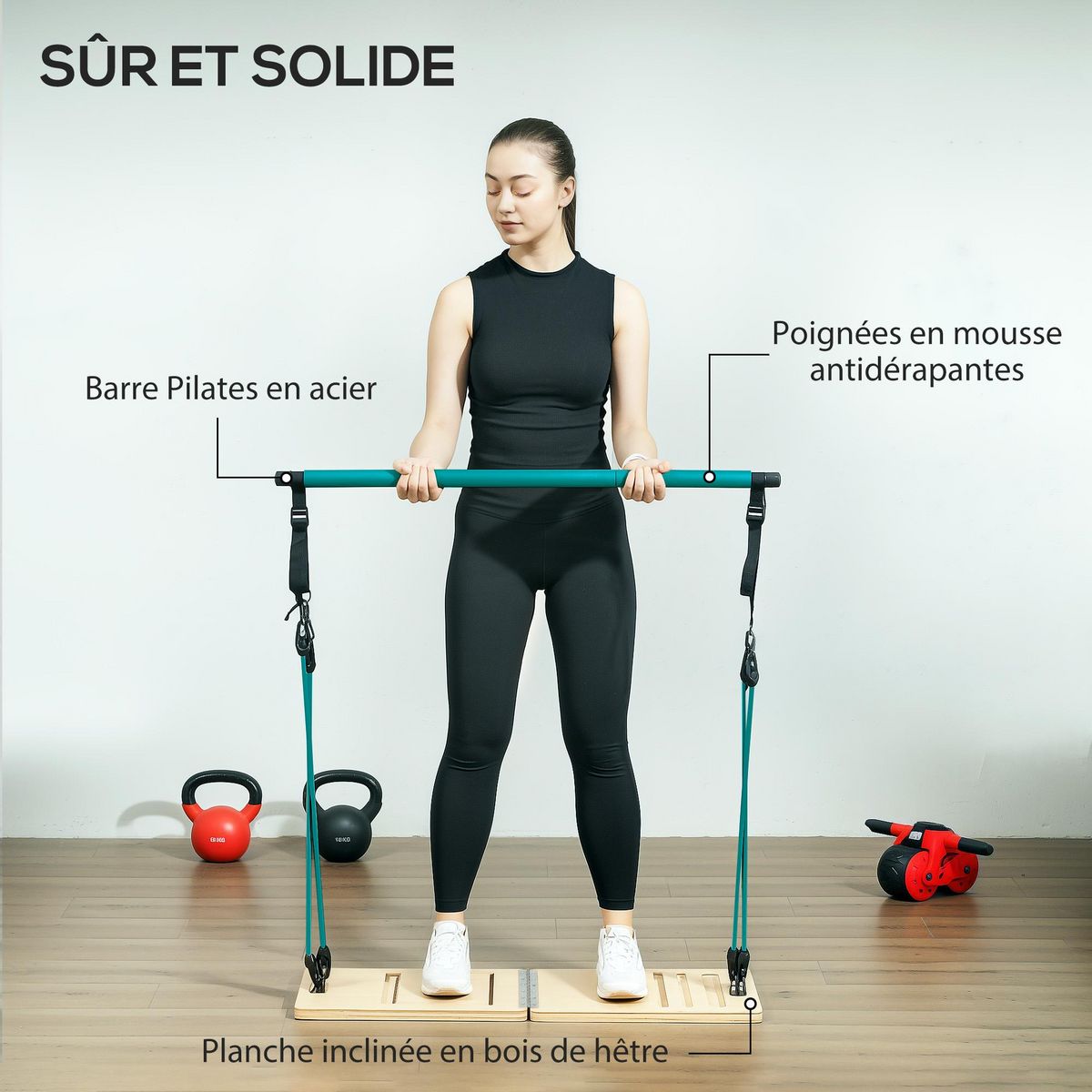 HOMCOM Ensemble pilates 8 pcs barre de pilates, planche inclinée réglable, 6 bandes de résistance
