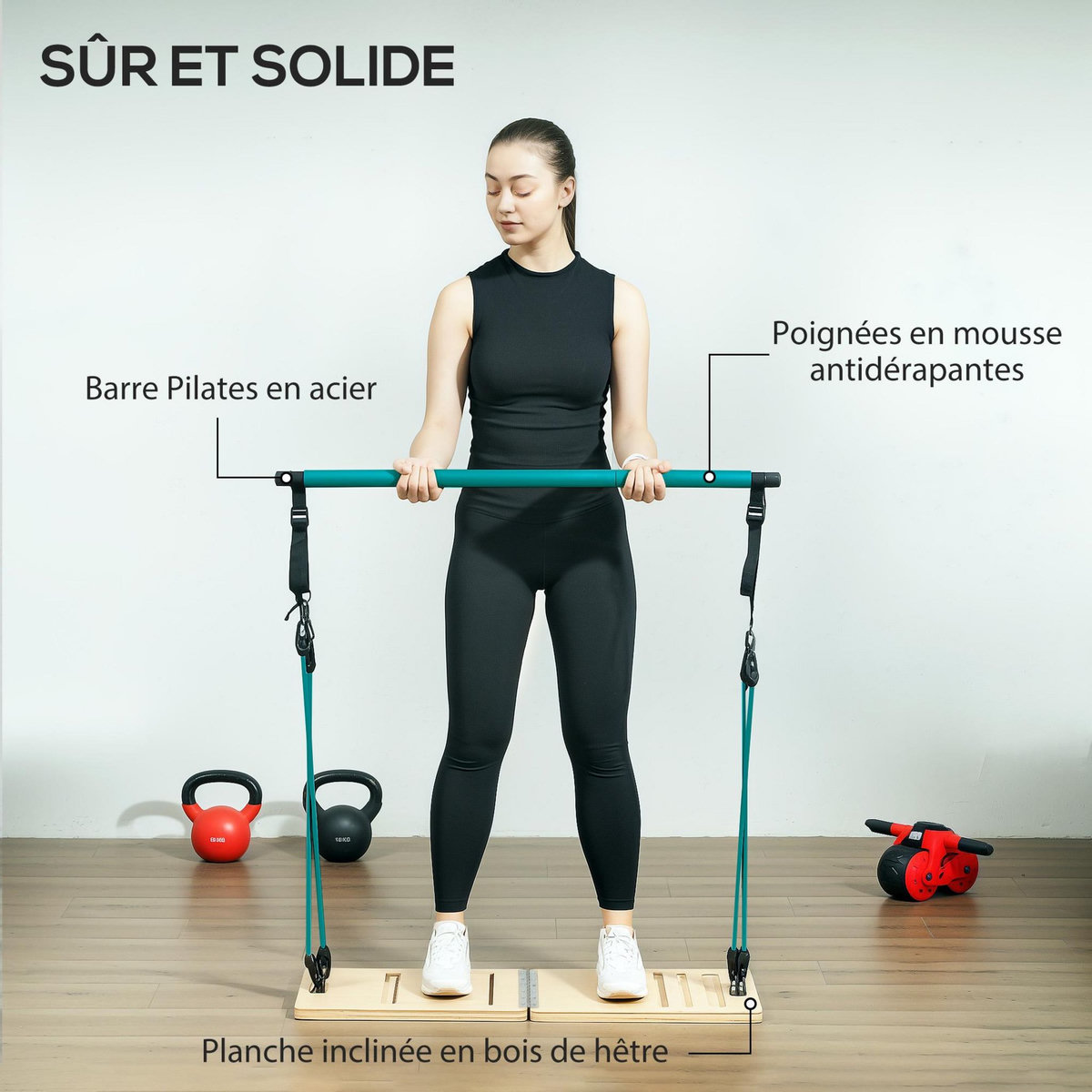HOMCOM Ensemble pilates 8 pcs barre de pilates, planche inclinée réglable, 6 bandes de résistance