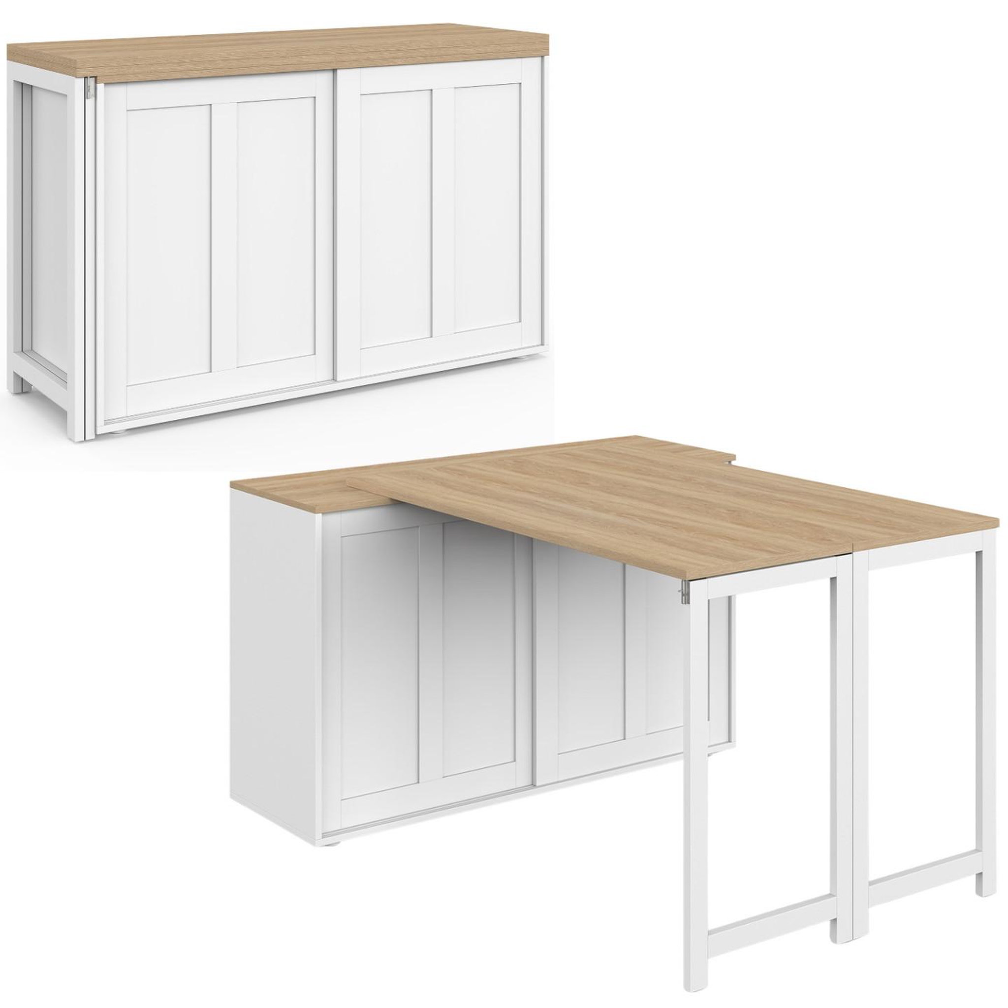 ID MARKET Buffet extensible 120 cm 2 portes coulissantes avec table à manger rotative et pliable jango 2 à 4 personnes blanc et bois