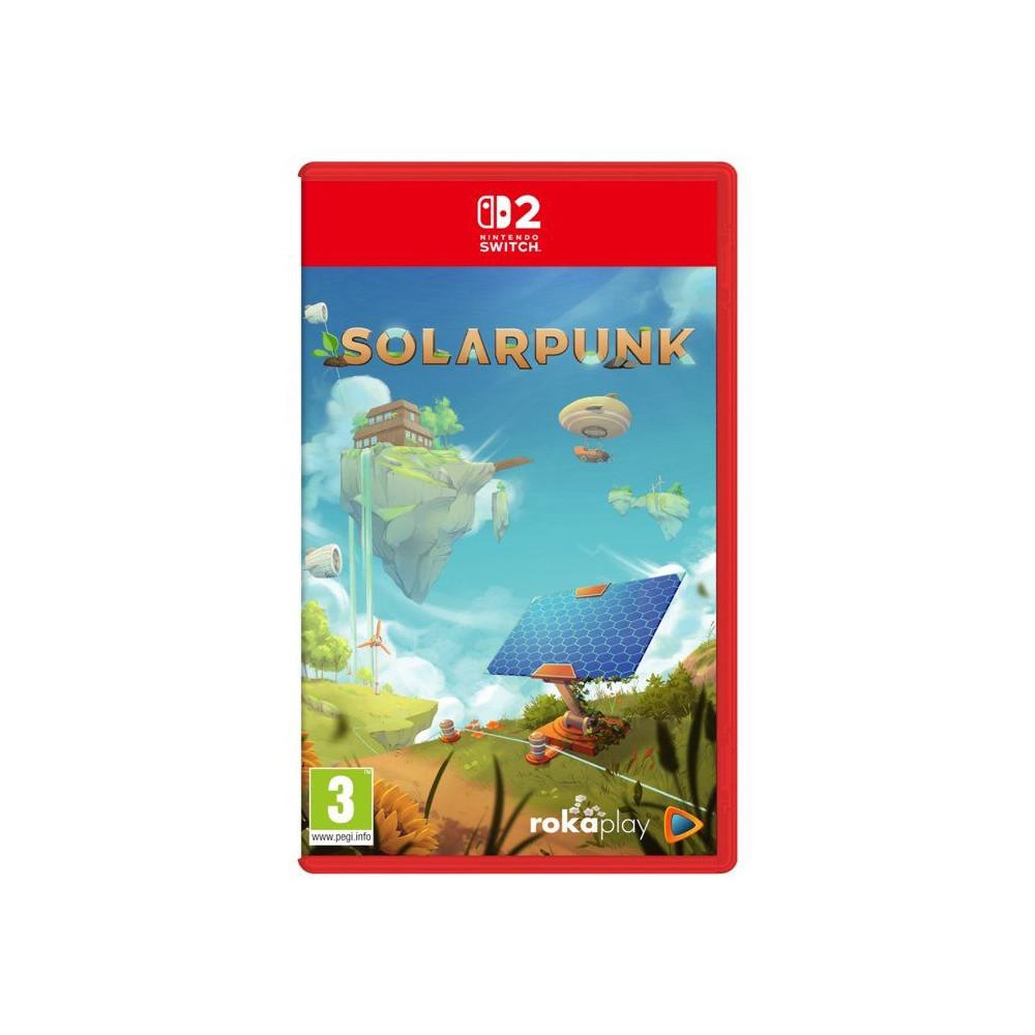 Just for games Solarpunk sur Nintendo Switch 2, simulation gestion bac à sable éco futur, construction et automatisation, agriculture et dirigeable, solo ou coop