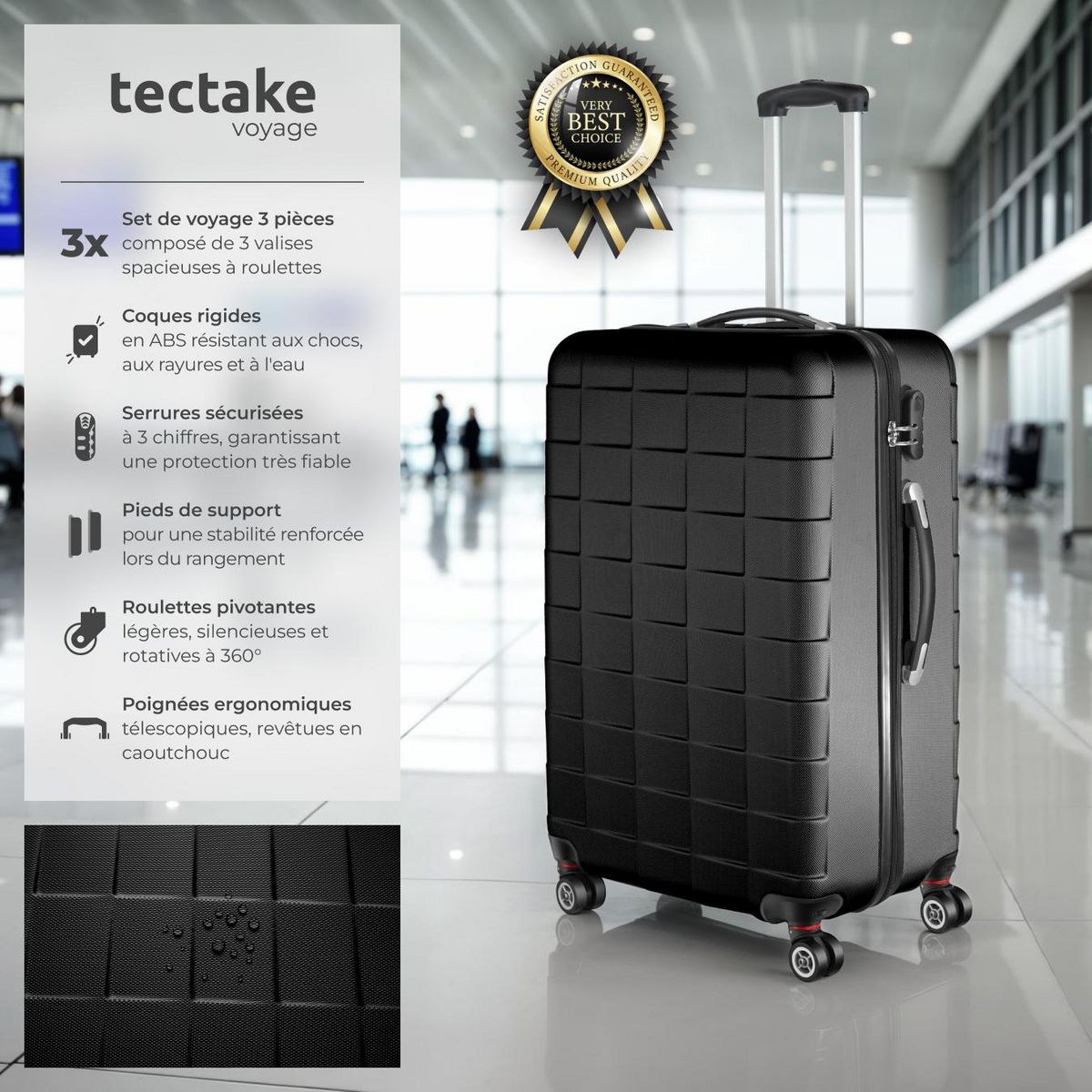 tectake Set de valises rigides 3 parties, en plastique ABS robuste noir