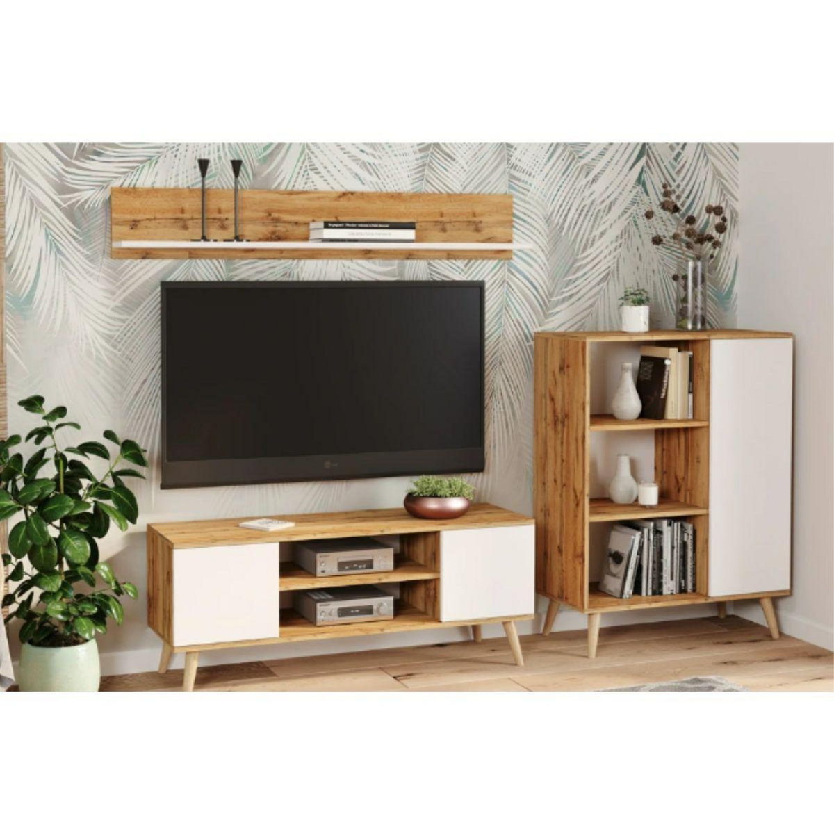 KOBI Bibliothèque Fondi en Bois Blanc avec Pieds Élevés pour un Style Scandinave Épuré